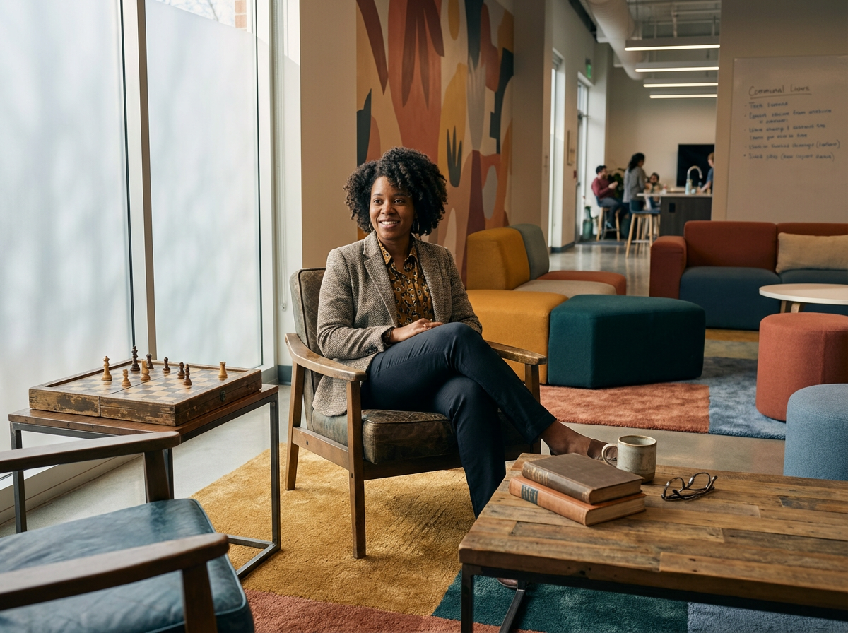 A woman sitting in a modern lounge area with colorful seating, a chessboard on a side table, and a wooden coffee table with books and a coffee mug, while people work in the background.