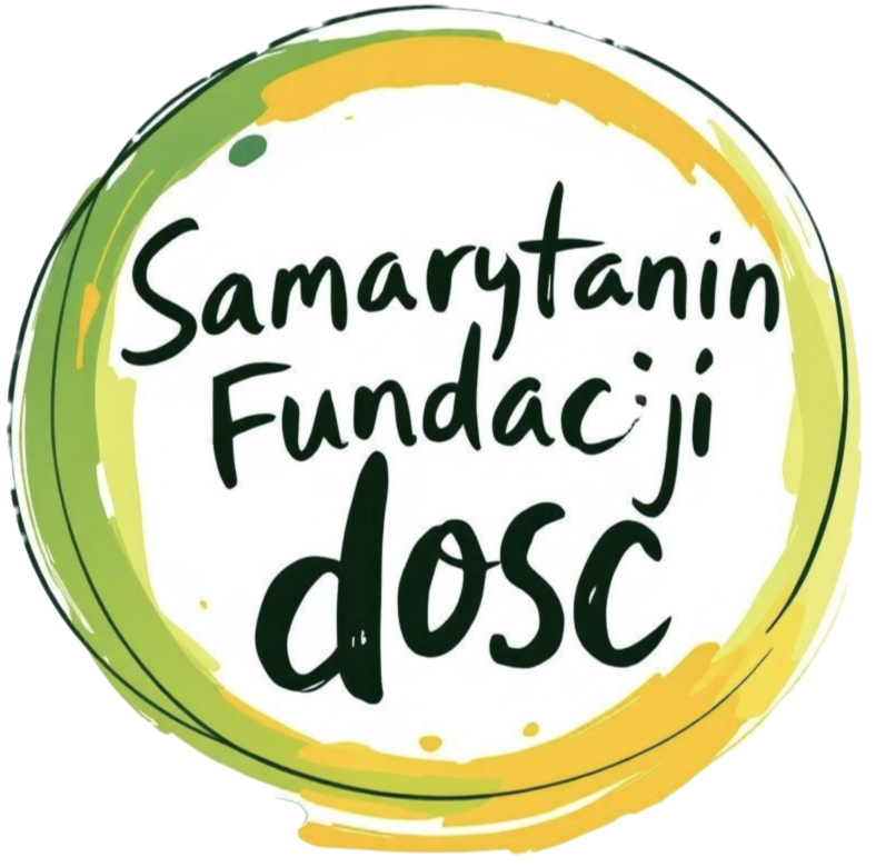 Logo with green, yellow, and white circular design and the text 'Samarytanin Fundacja dosc' in black handwritten font.
