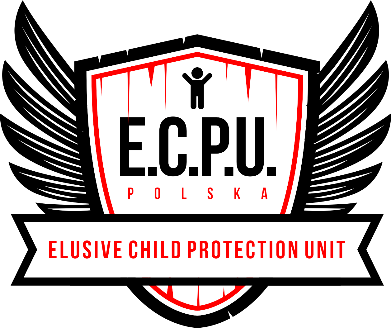 Graphic logo with a shield bearing the text 'E.C.P.U. Polska' and a small figure with arms raised. Below, a white banner with red text saying 'Elusive Child Protection Unit'.