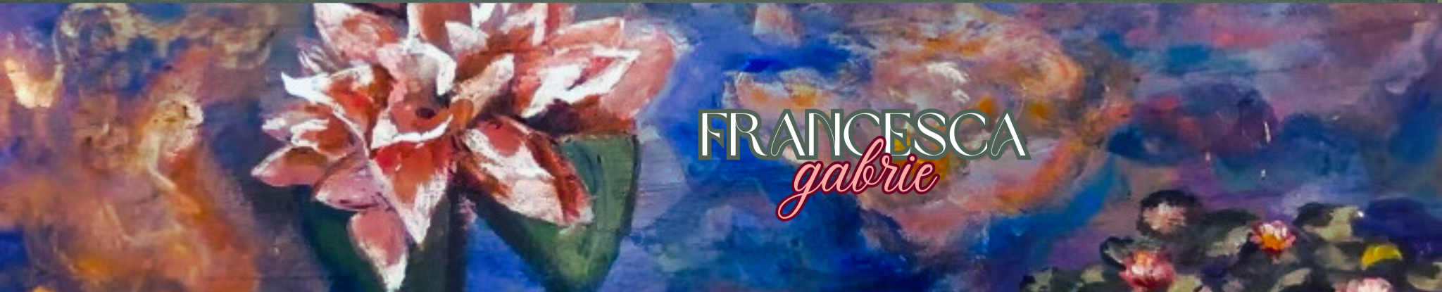Colorful painting of a pink and white flower in a green vase with the words 'Francesca Gabrie' written across it in stylized font.