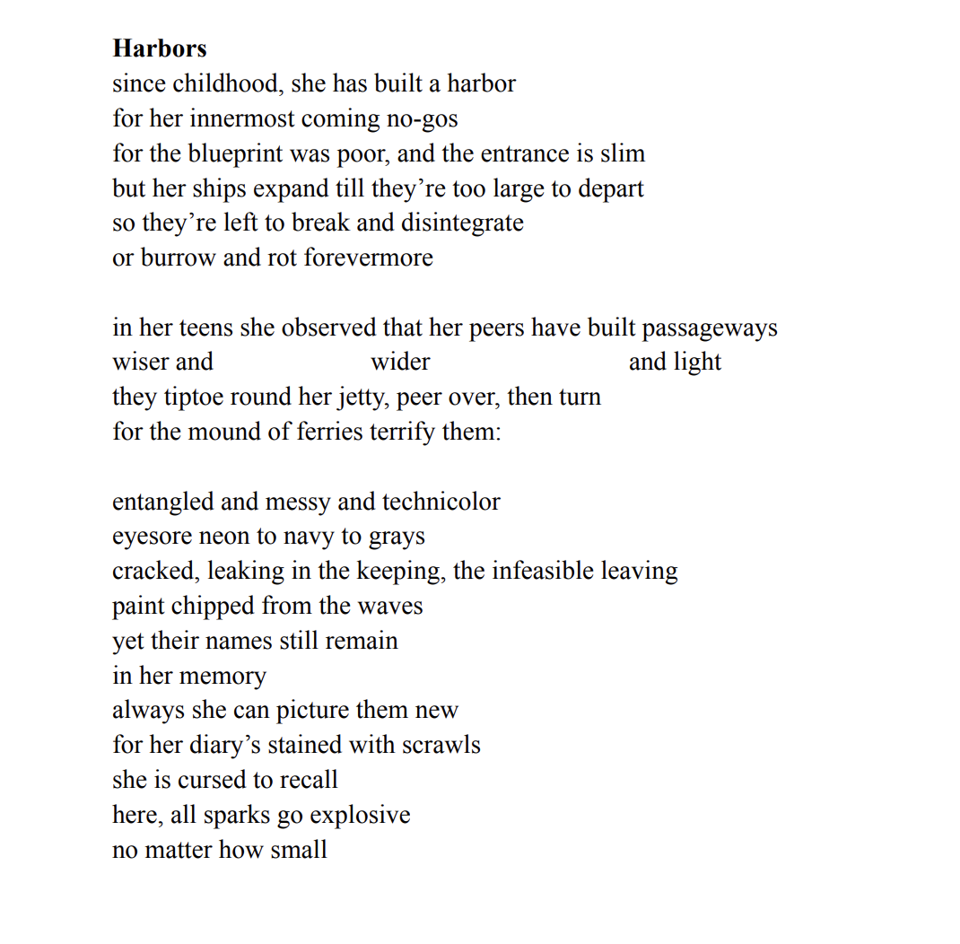 Poem titled "Harbors" about building and observing harbors and passageways, with themes of memory, history, and resilience.