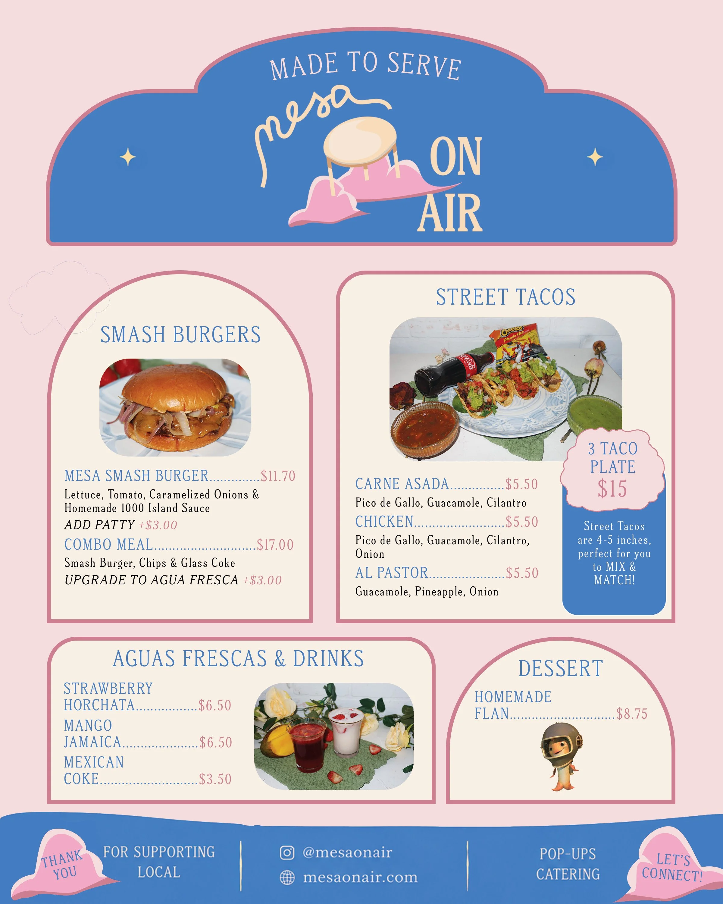 A colorful menu section with a pink background, featuring food items like smash burgers, street tacos, aguas frescas, drinks, and desserts. The menu has playful design elements including a cartoon character, stars, and decorative banners.
