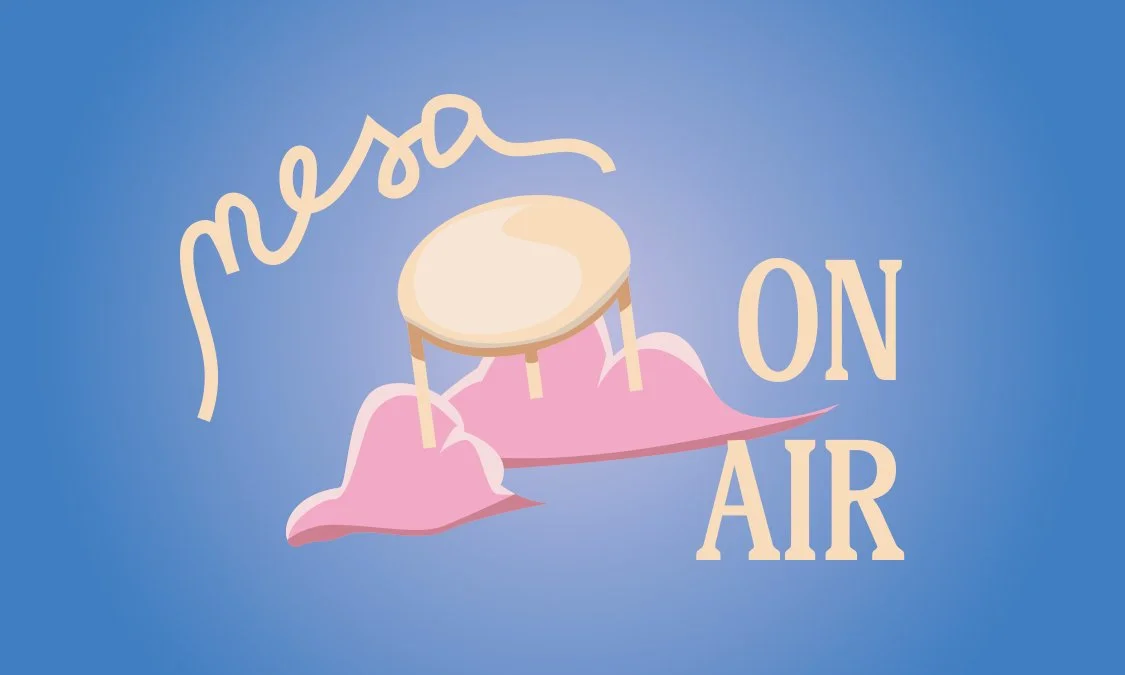 A sign with the text 'Nessa ON AIR' and a cartoon drum on pink clouds against a blue background.