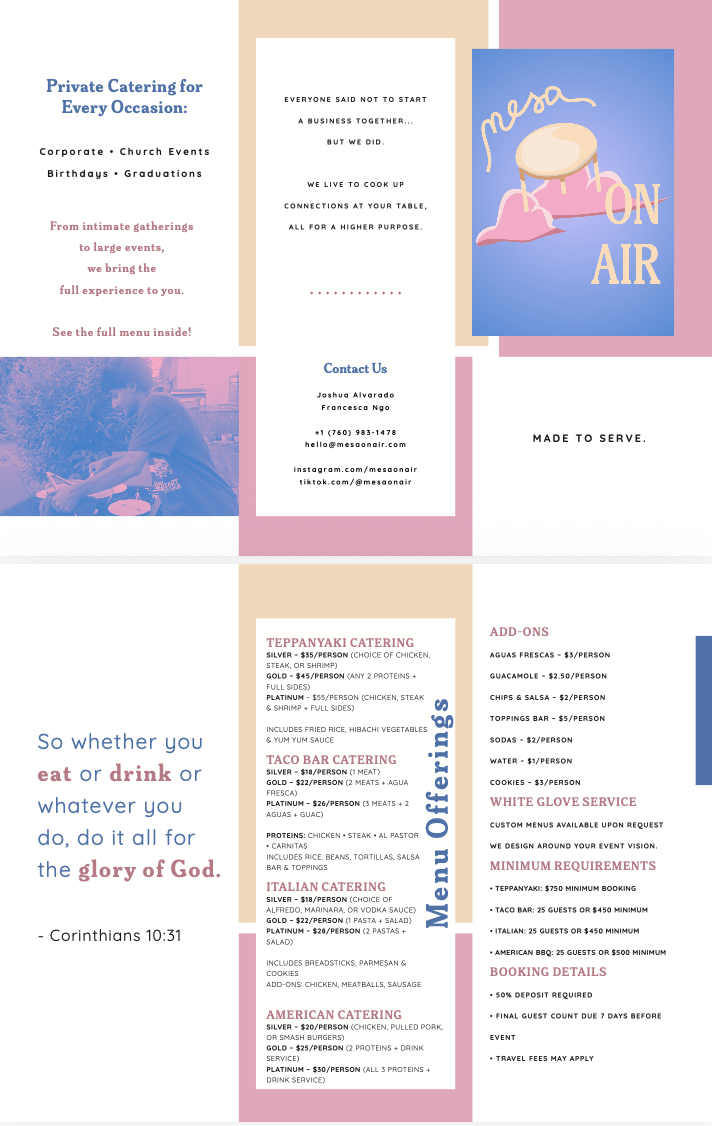 A flyer for Mesa on Air, a private catering service offering various menus for occasions like corporate events, church gatherings, birthdays, and graduations. It features sections for menu options, contact info, and service details with colorful design elements, including illustrations and text.