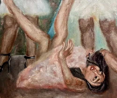Painting of a woman with glasses lying on her back, smiling with legs raised and bent at the knees, in a sensual pose.