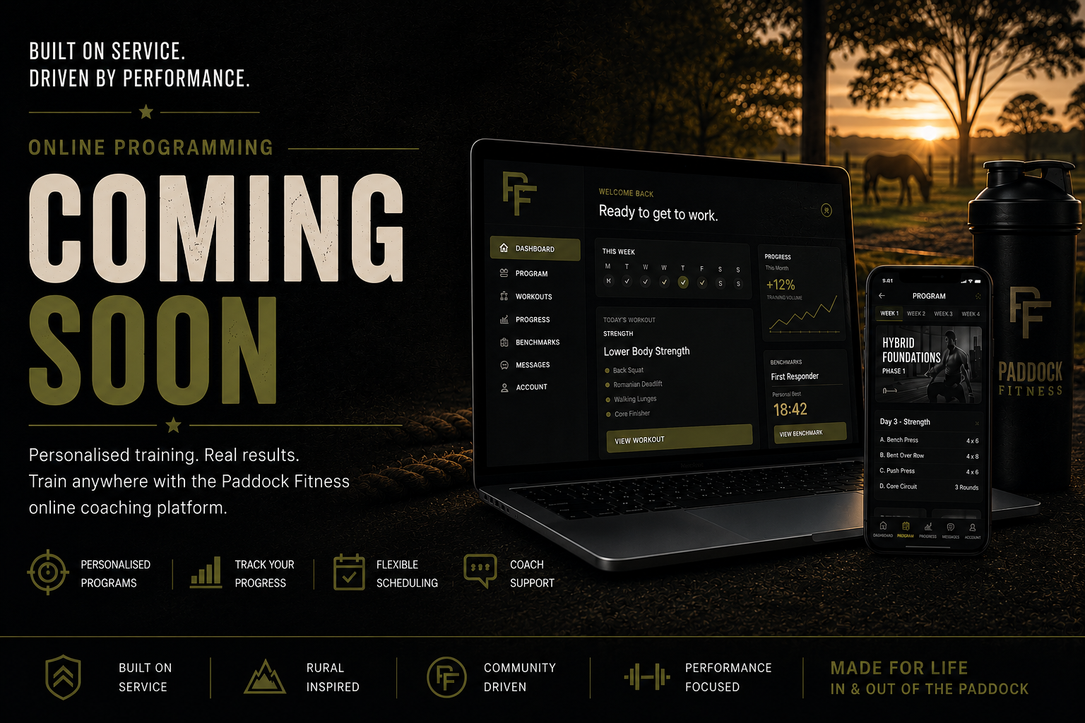 Advertisement for Paddock Fitness online coaching platform featuring a laptop and smartphone displaying fitness dashboards against a rural sunset background with horses and trees.