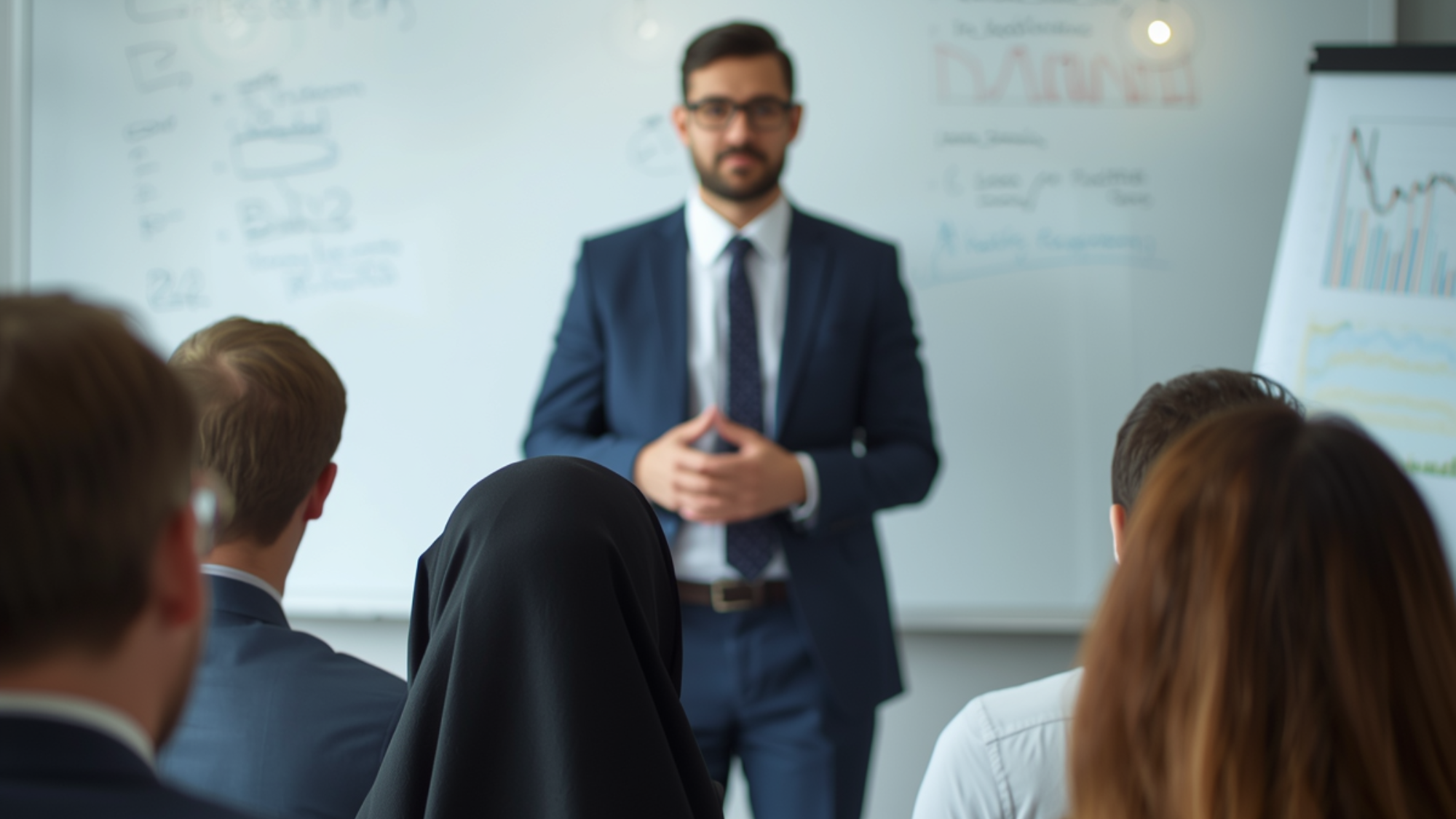 Business professional giving a presentation to a group in a conference room, with people listening attentively.