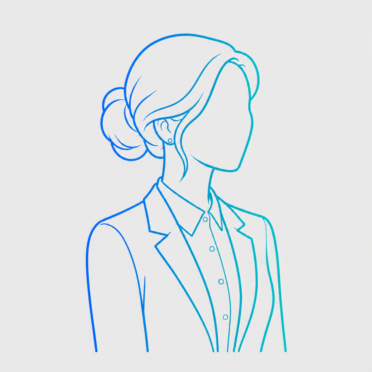 Line drawing of a woman with a bun hairstyle, wearing a blazer and collared shirt, facing right with no facial features visible.
