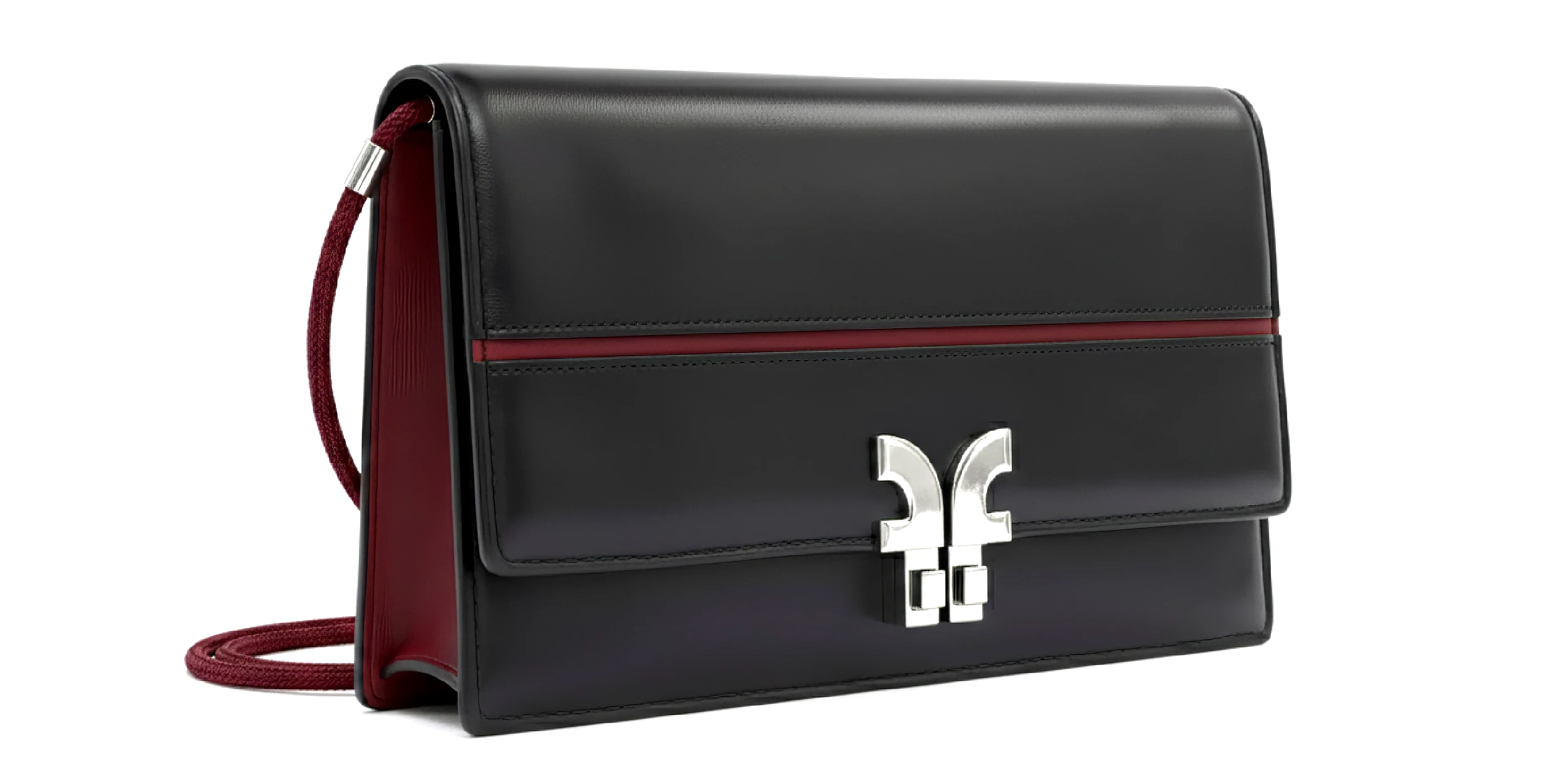 A black and red designer handbag with a silver clasp and chain strap.