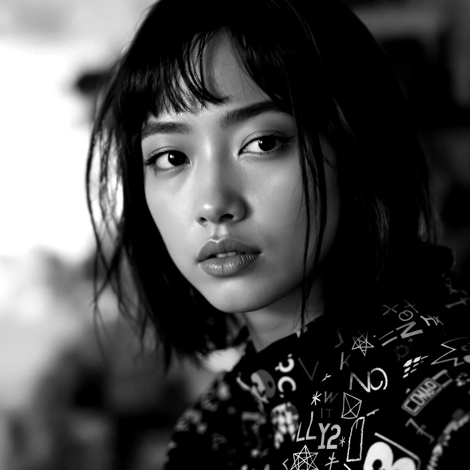 Black and white portrait of a woman with short, tousled hair, wearing a patterned top, looking at the camera with a serious expression.