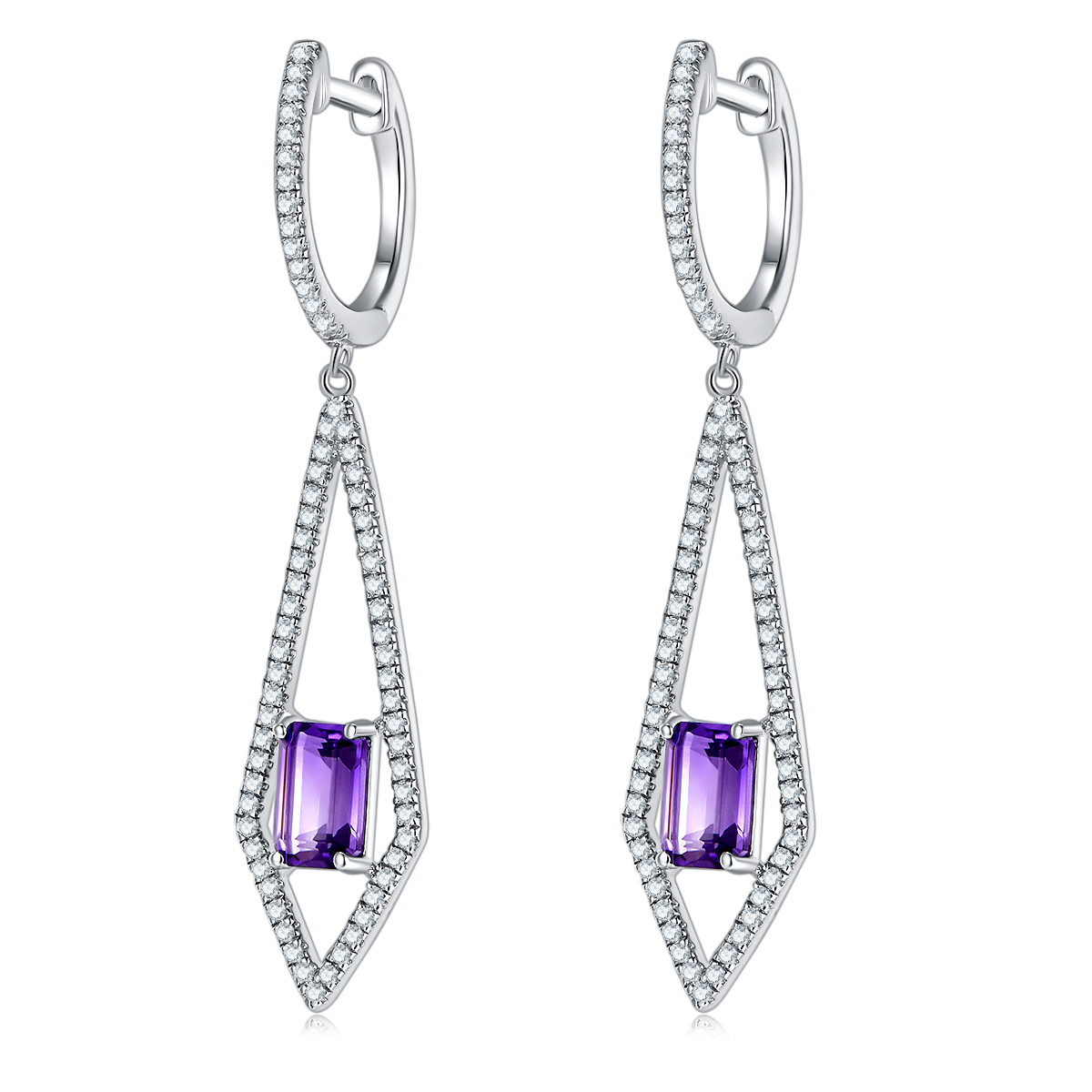 S925 Sterling Silver Dangle Earrings 6x4mm Natural Amethyst, Platinum Plated Long Kite Drop Earrings For Women, Fine Jewelry Gift Box Set