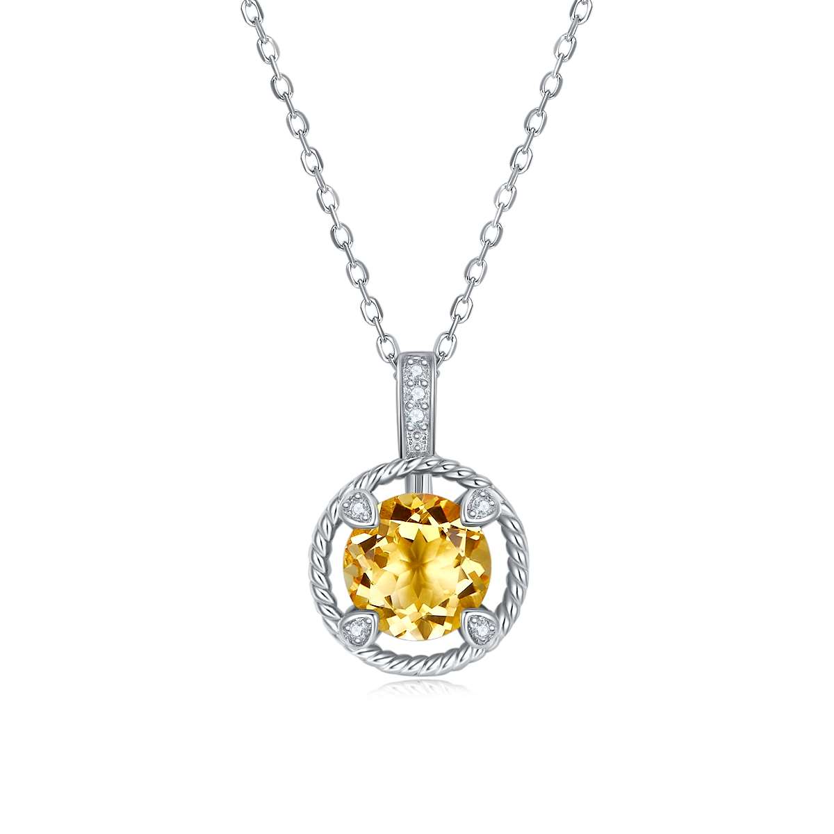 S925 Sterling Silver Necklace, 8mm Natural Citrine Round Pendant, Platinum Plated Rope Design Chain 2.6g, Elegant Women's Jewelry Gift Box