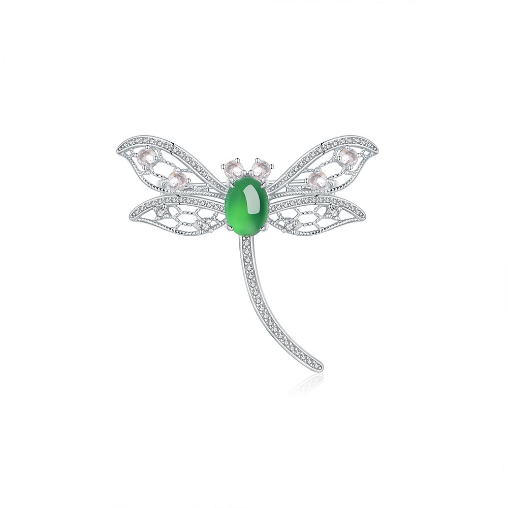 S925 Sterling Silver Dragonfly Brooch, 8x6mm Cabochon Green Chrysoprase, Platinum Plated 3.9g, Elegant Women's Brooch Pin With Gift Box