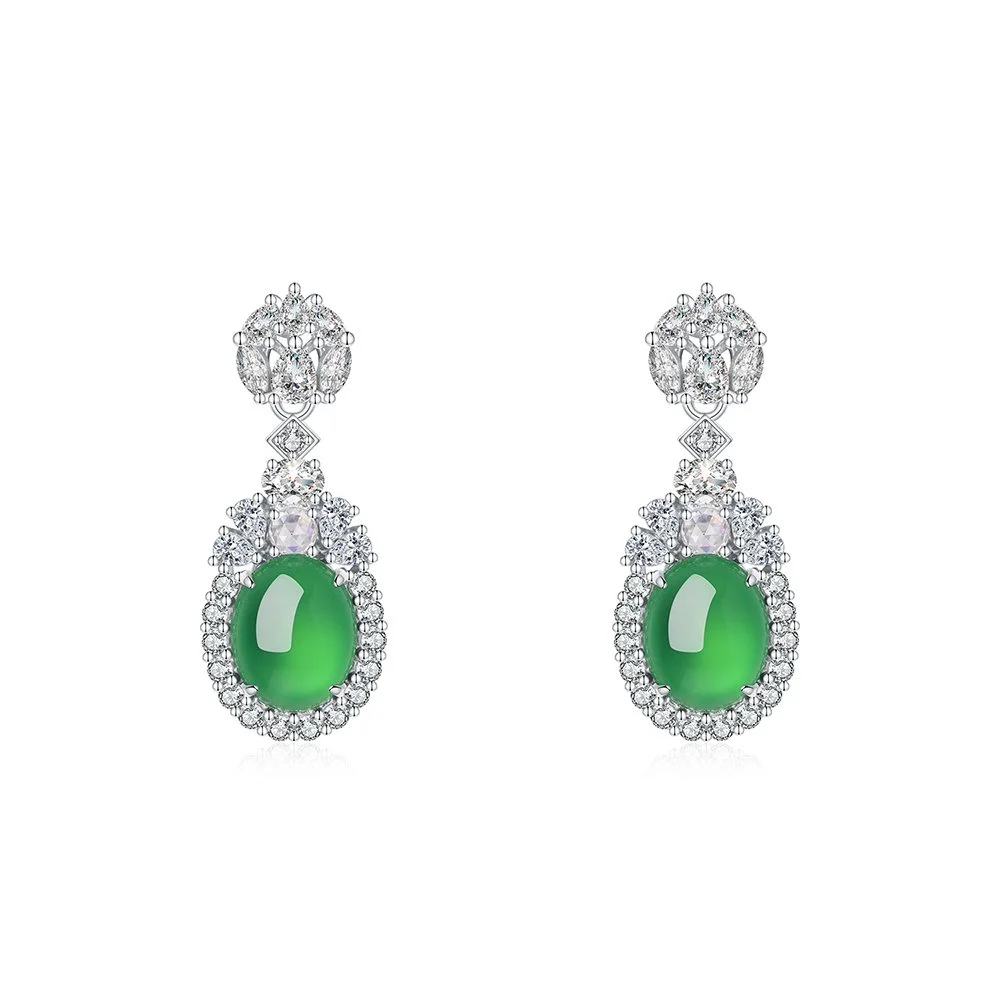 S925 Sterling Silver Dangle Earrings 10x8mm Oval Green Chrysoprase, Platinum Plated Elegant Drop Earrings For Women With Fashion Gift Box