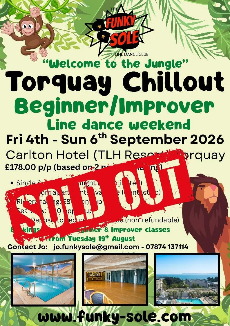 Funky Sole Line Dance Club's 'Welcome to the Jungle' beginner/improver line dance weekend, scheduled from September 4th to 6th, 2026, at Carlton Hotel, Torquay. The poster features jungle-themed graphics, a cartoon monkey, and a lion, with a large re