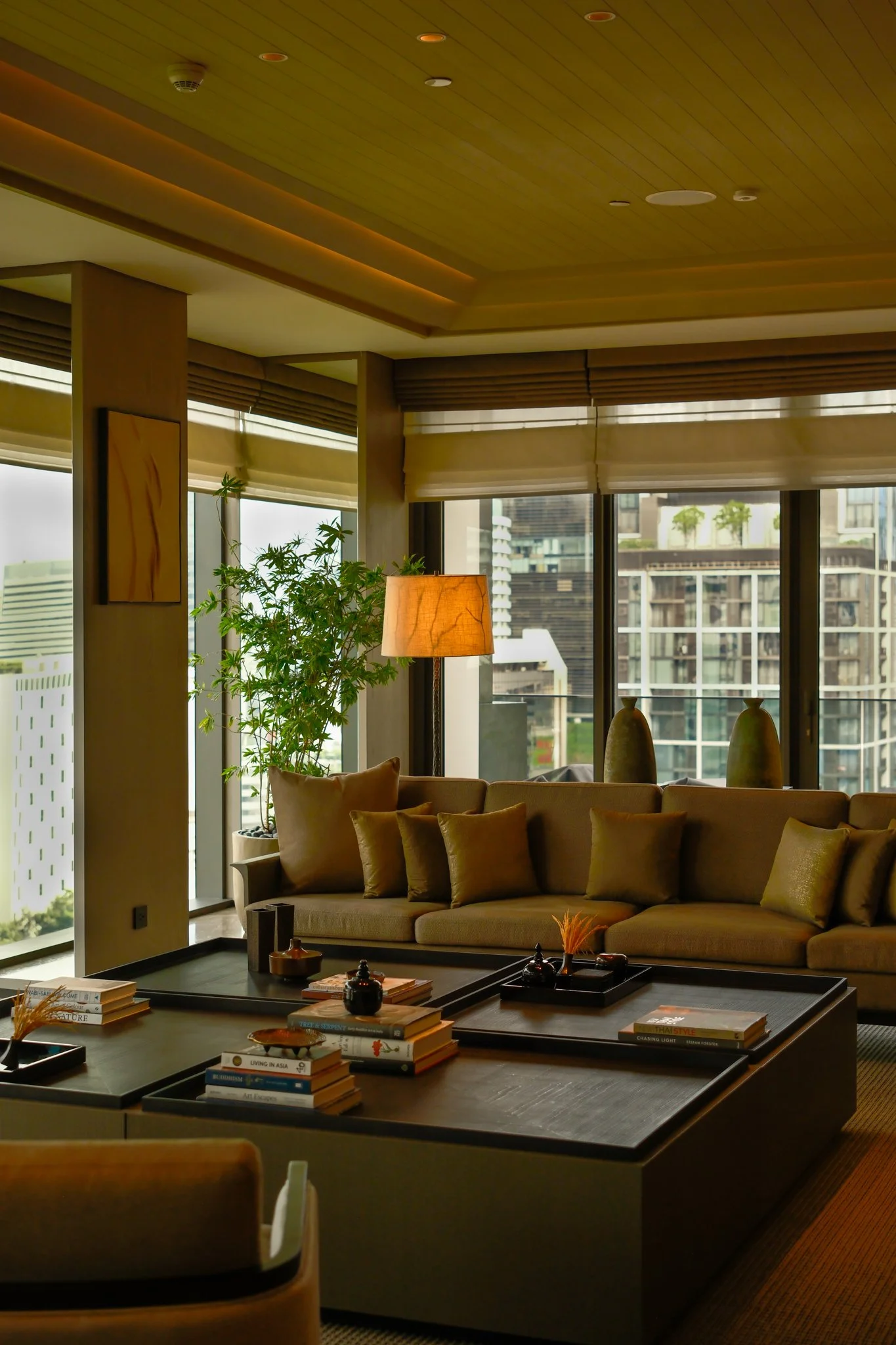 Modern living room with large beige sofa, decorative pillows, and a glass coffee table with books, small decorative objects, and a tray. Nearby, there is a tall plant, a warm light lamp, and large windows with cityscape views and beige window blinds.