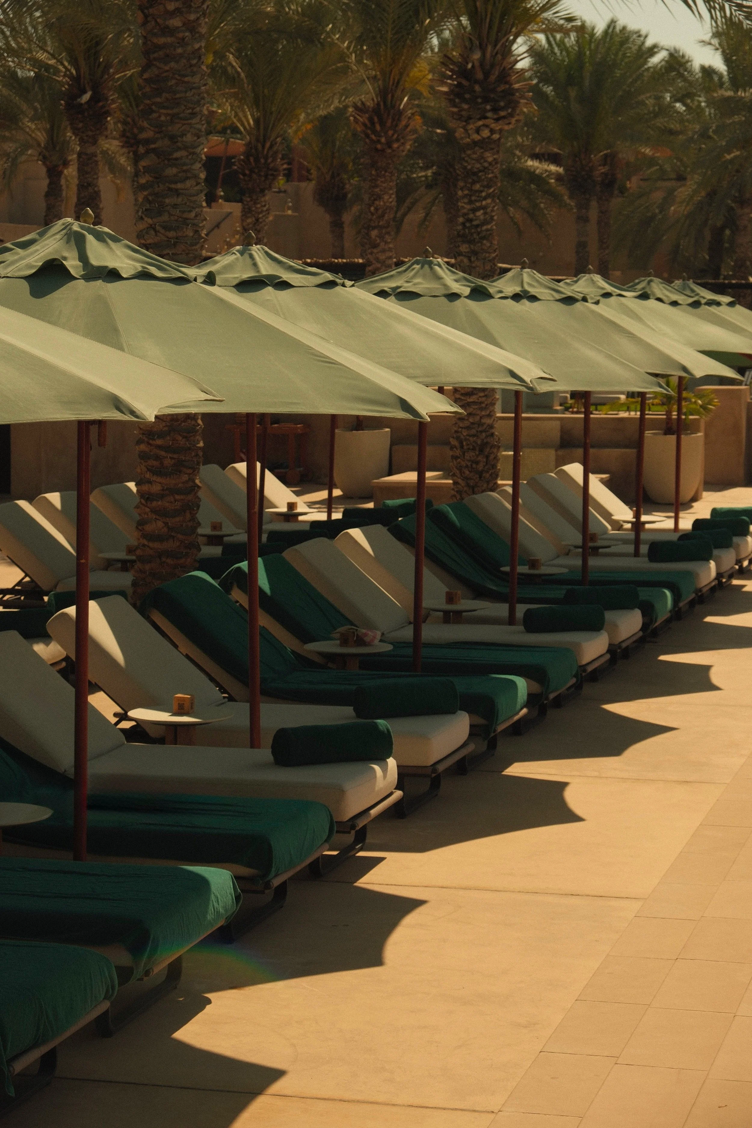 Empty outdoor poolside lounge chairs with green cushions, green umbrellas, and palm trees in the background, during late afternoon.