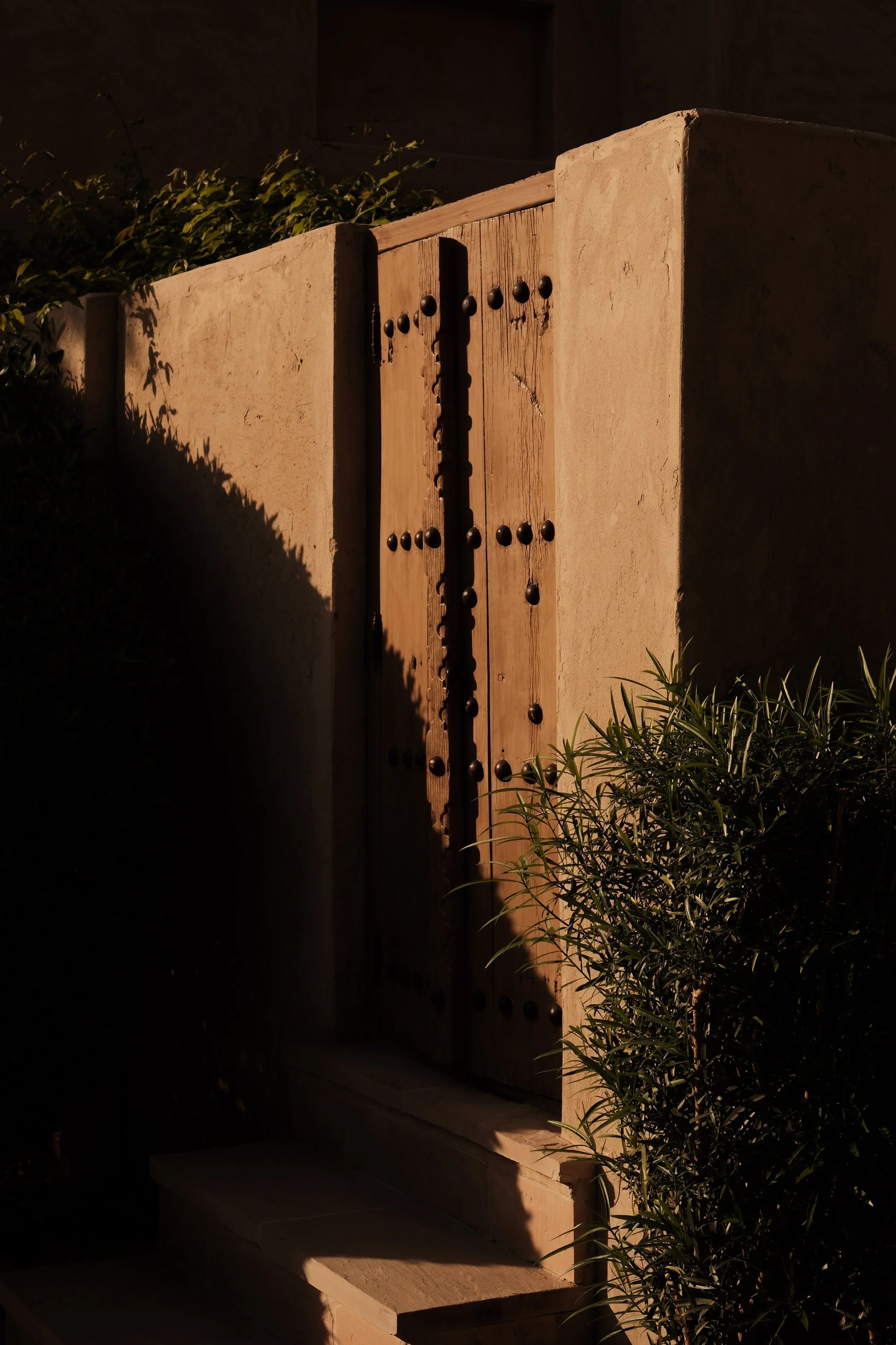 A wooden door with metal studs and a handle, set into a stone wall, with shadows and plants around it.