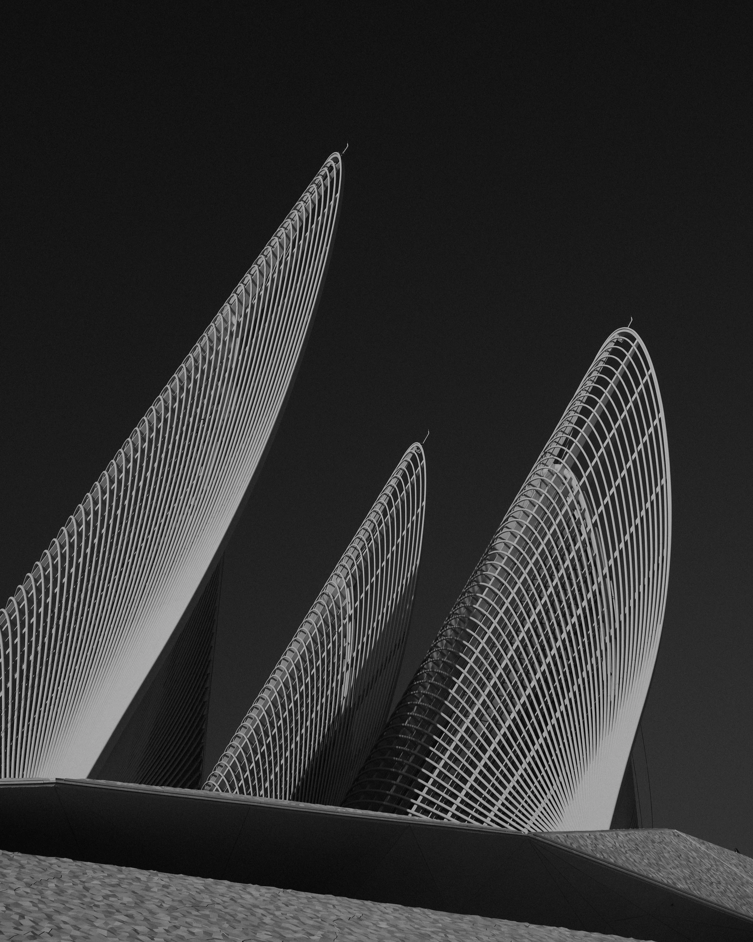 Modern architectural building with curved, vertical metal slats forming a sleek, futuristic structure against a dark sky.