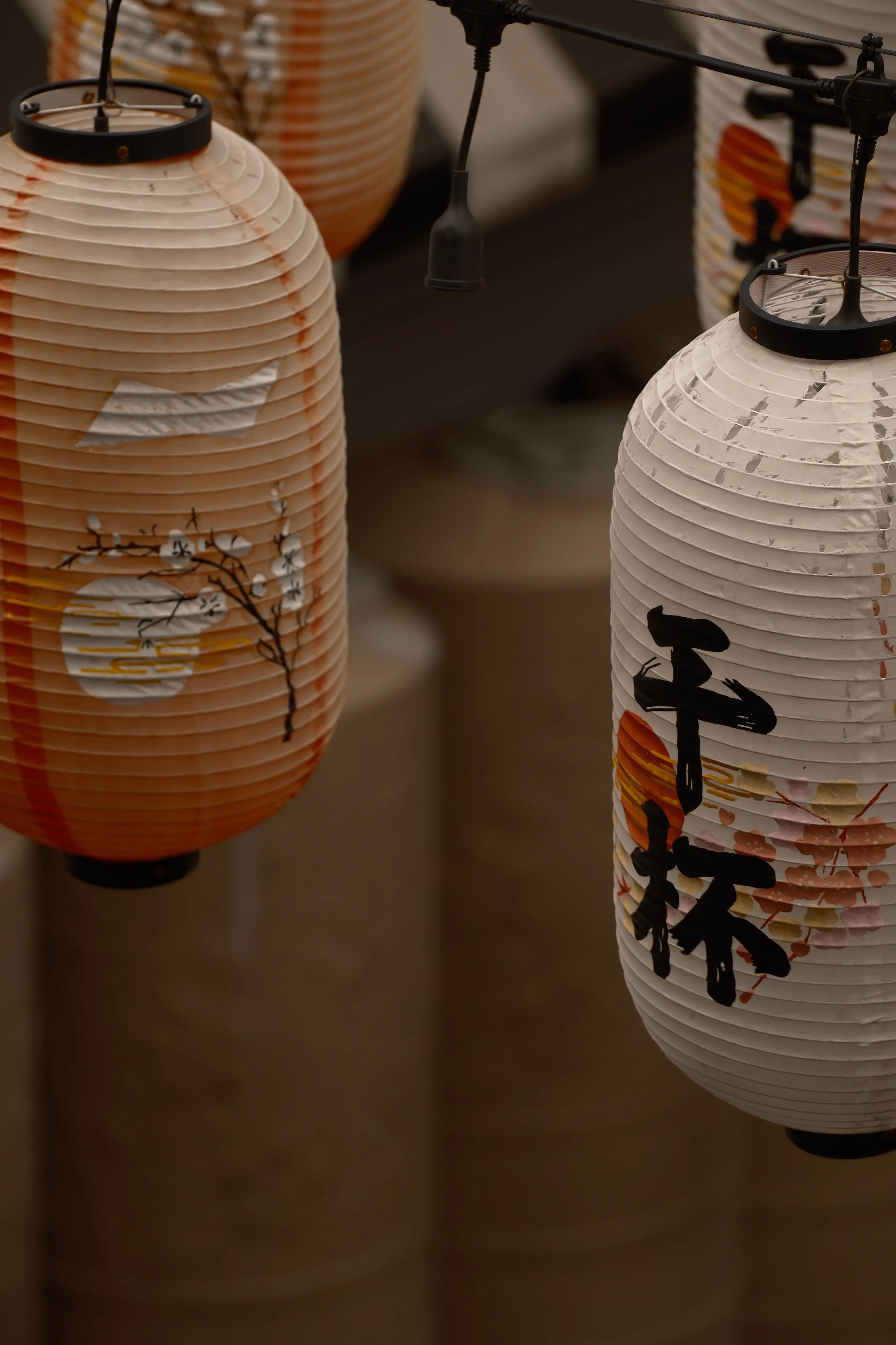 Close-up of paper lanterns with Japanese-style designs and characters hanging outdoors.