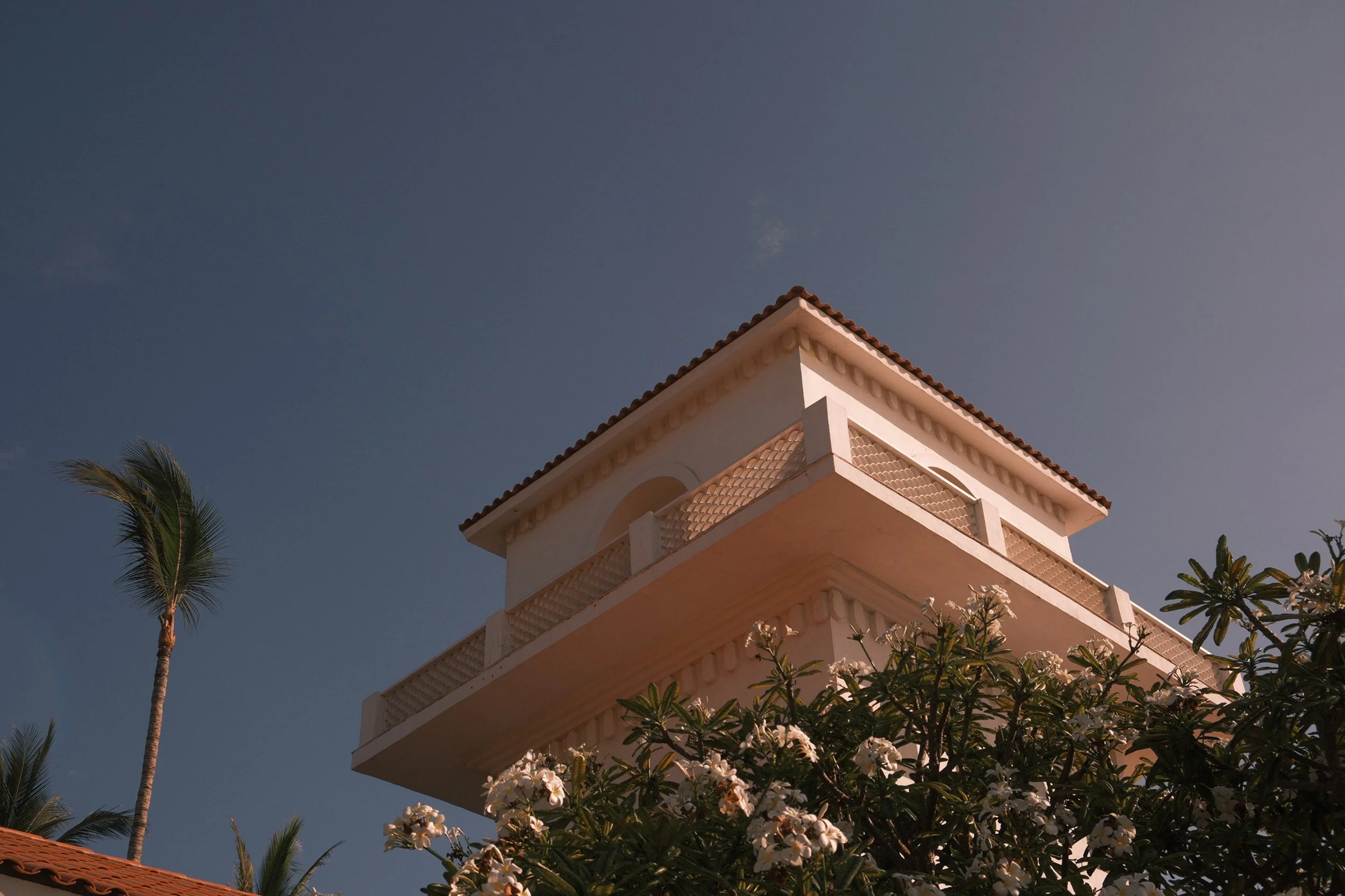 A corner of a white building with terracotta roof tiles, surrounded by palm trees and flowering bushes, against a clear blue sky.