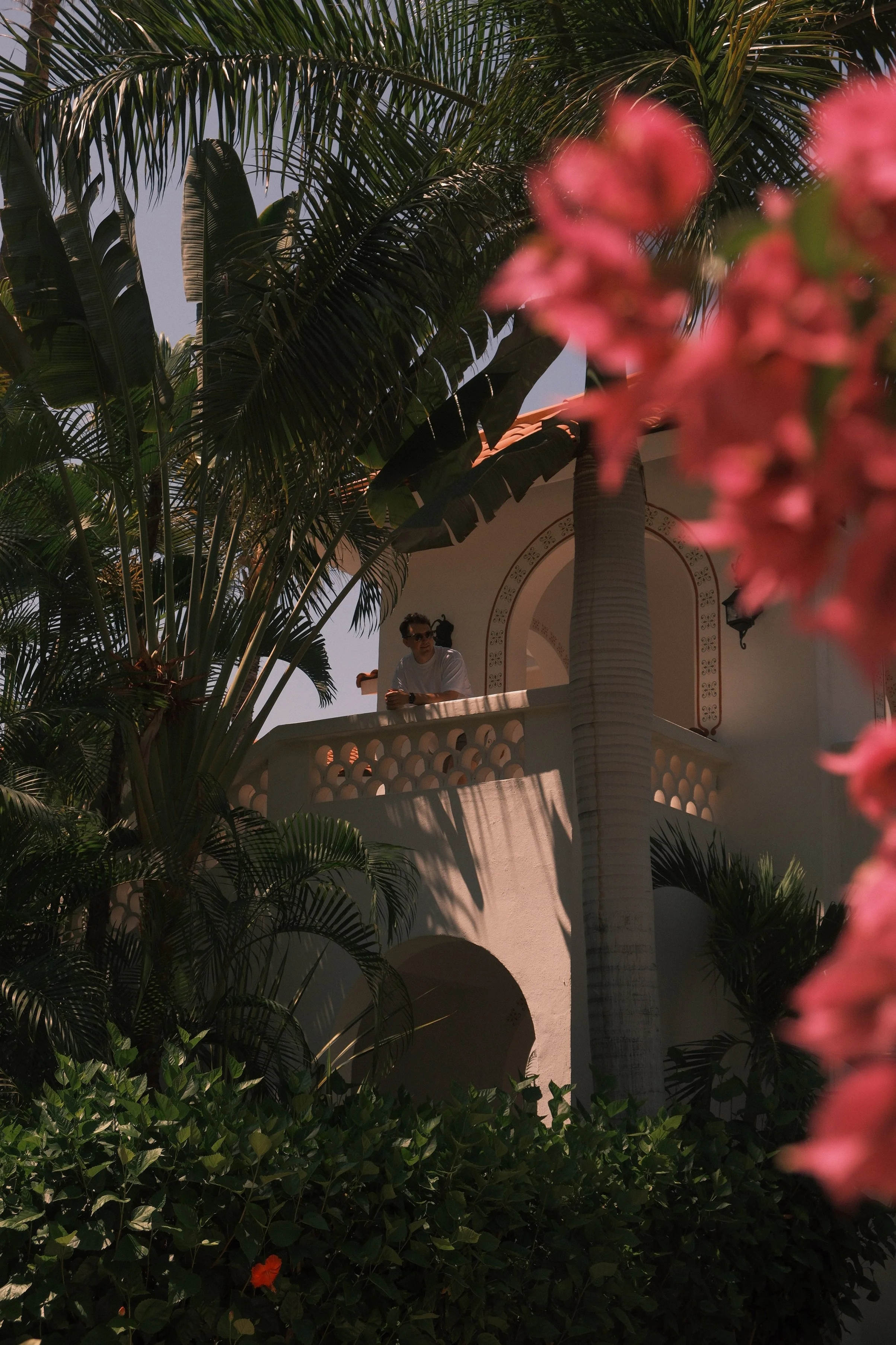 A woman standing on a balcony of a white mediterranean style building, surrounded by tall palm trees and lush green foliage, with pink flowers in the foreground.