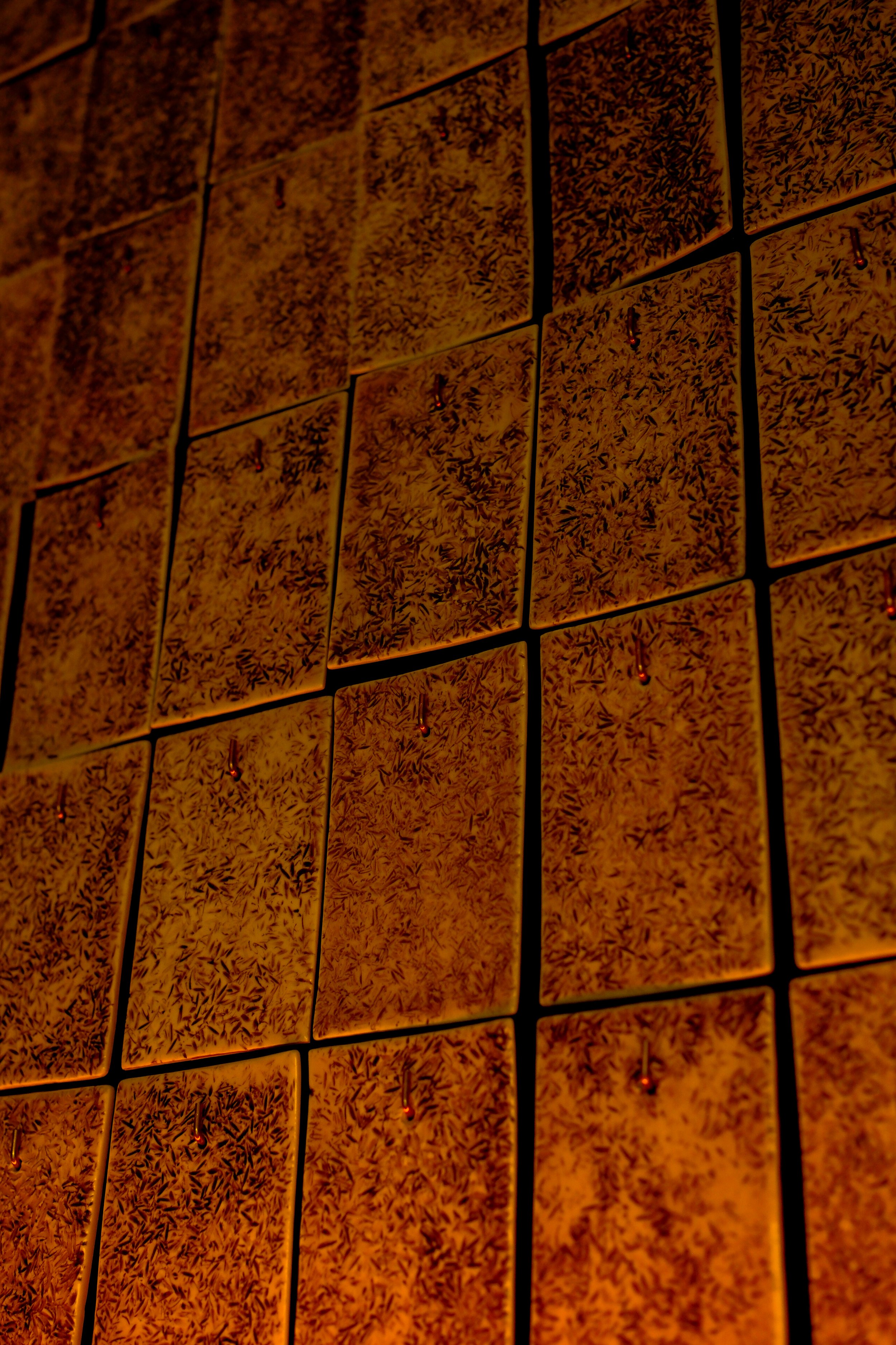 Close-up view of decorated wall tiles with small hooks, arranged in a grid pattern, illuminated with warm lighting.