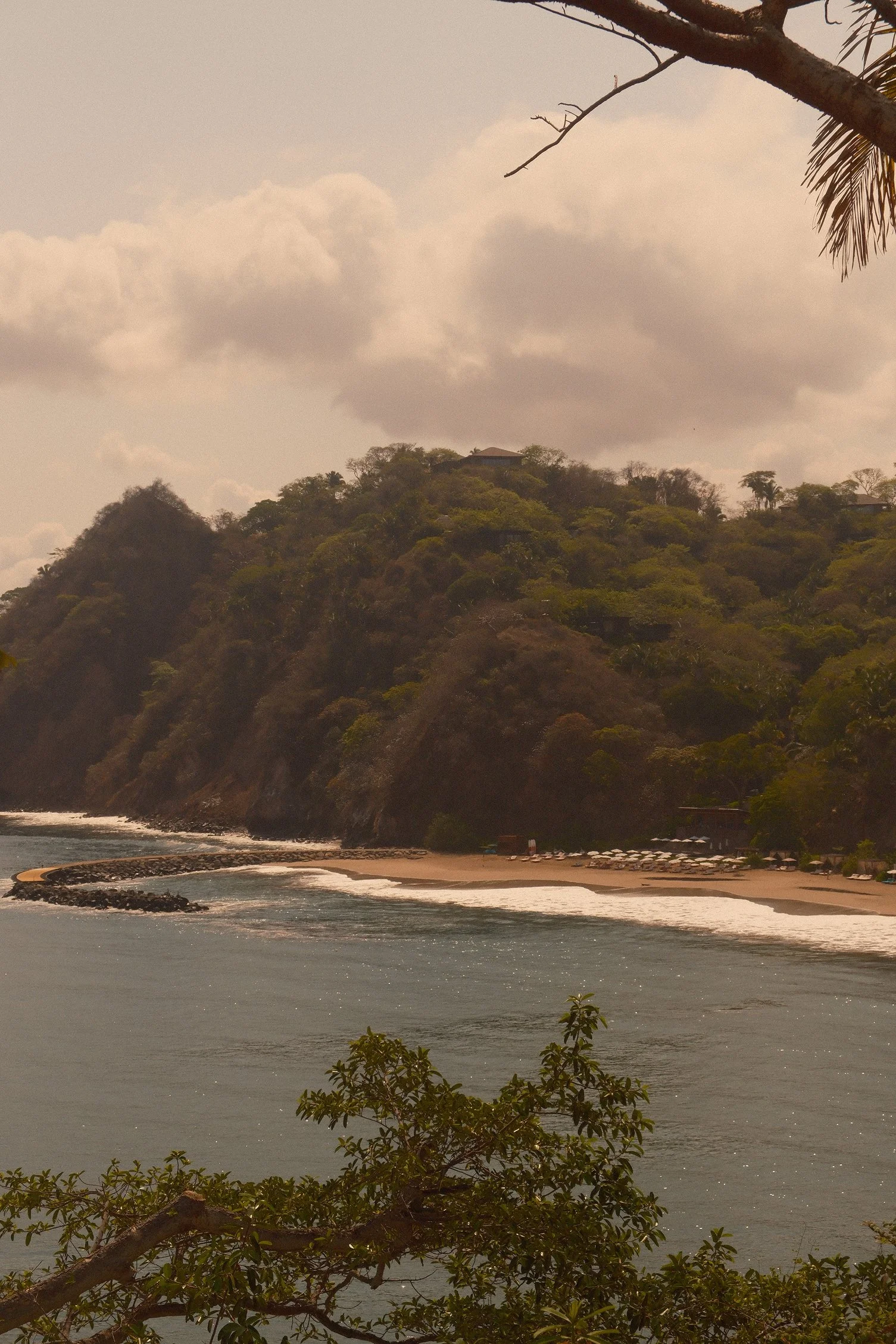 View of a coastal hillside with lush green trees, a small beach area, and a breakwater. Overcast sky with clouds.