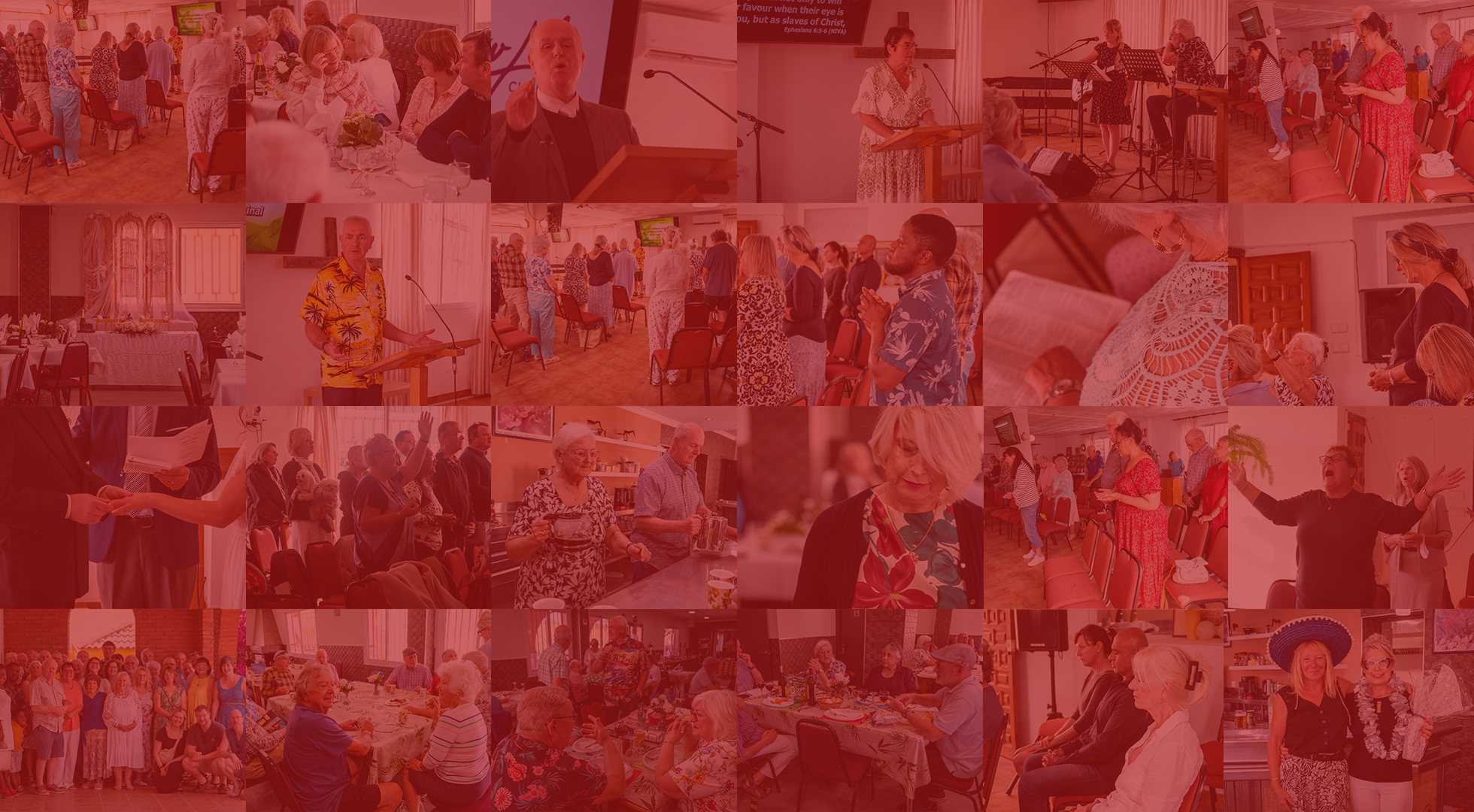 A collage of multiple scenes from a community gathering inside a church or community hall, including people praying, engaging in conversations, and participating in events such as singing, speaking at a podium, and serving food, with some people holding papers or books.