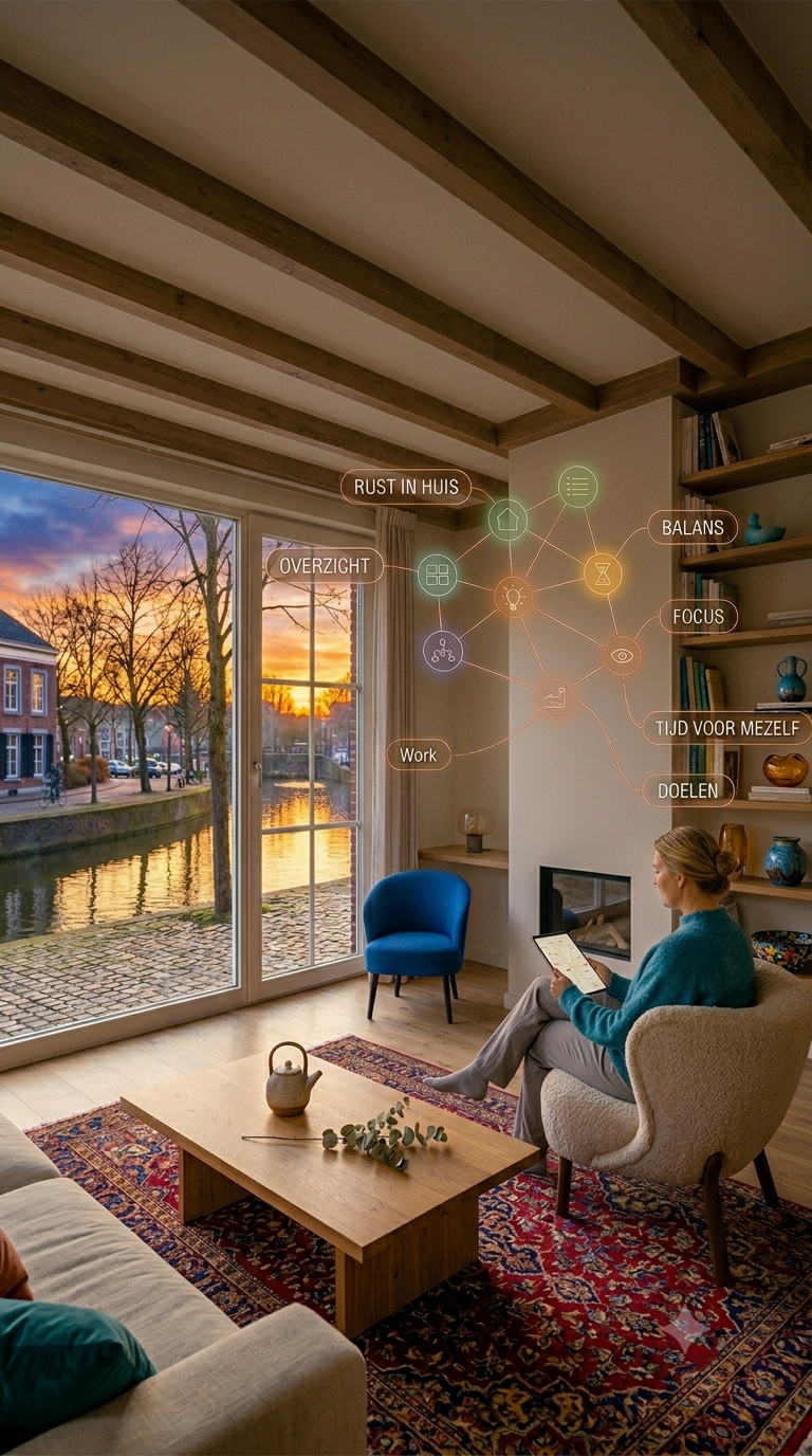 Gezellig woonkamertje met grote ramen, uitzicht op een kanaal en een straat, vrouw zit op een fauteuil met een tablet, houten plafond met balken, boekenkast en decoratieve voorwerpen, kleurrijk tapijt op de vloer.