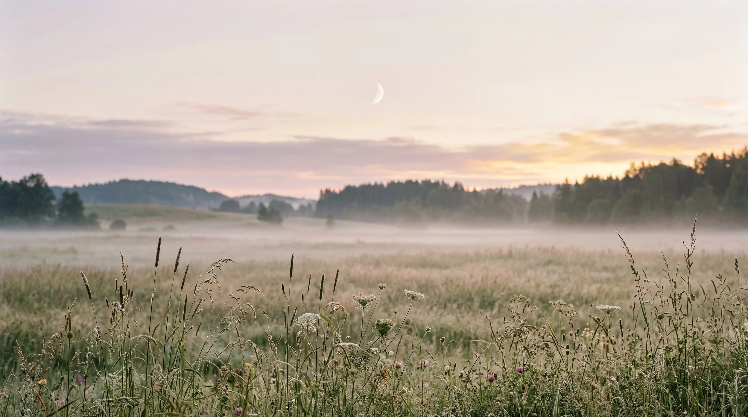 Lua crescente sobre um campo com névoa ao amanhecer, símbolo das noites interrompidas na menopausa