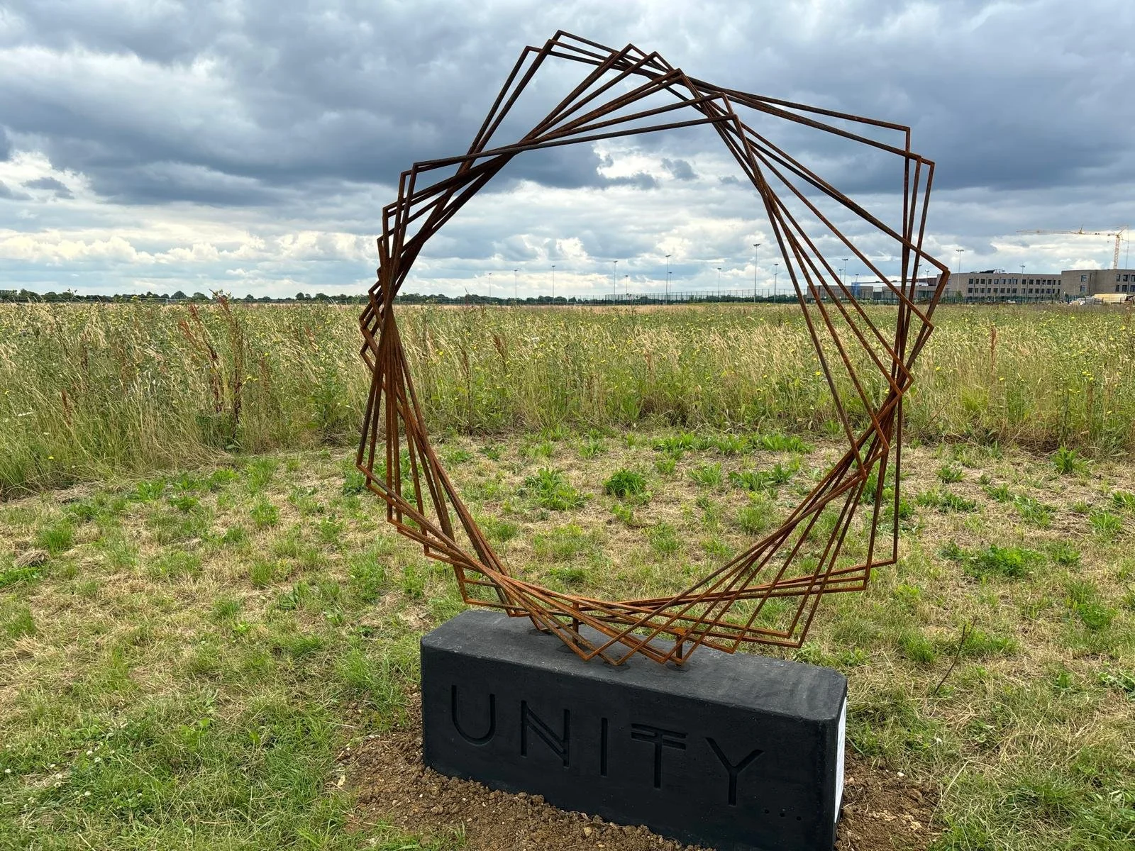 A metal sculpture of intertwined rectangular rings mounted on a black base with the word 'UNITY' engraved on it, located in an open grassy field with a cloudy sky and distant buildings in the background.