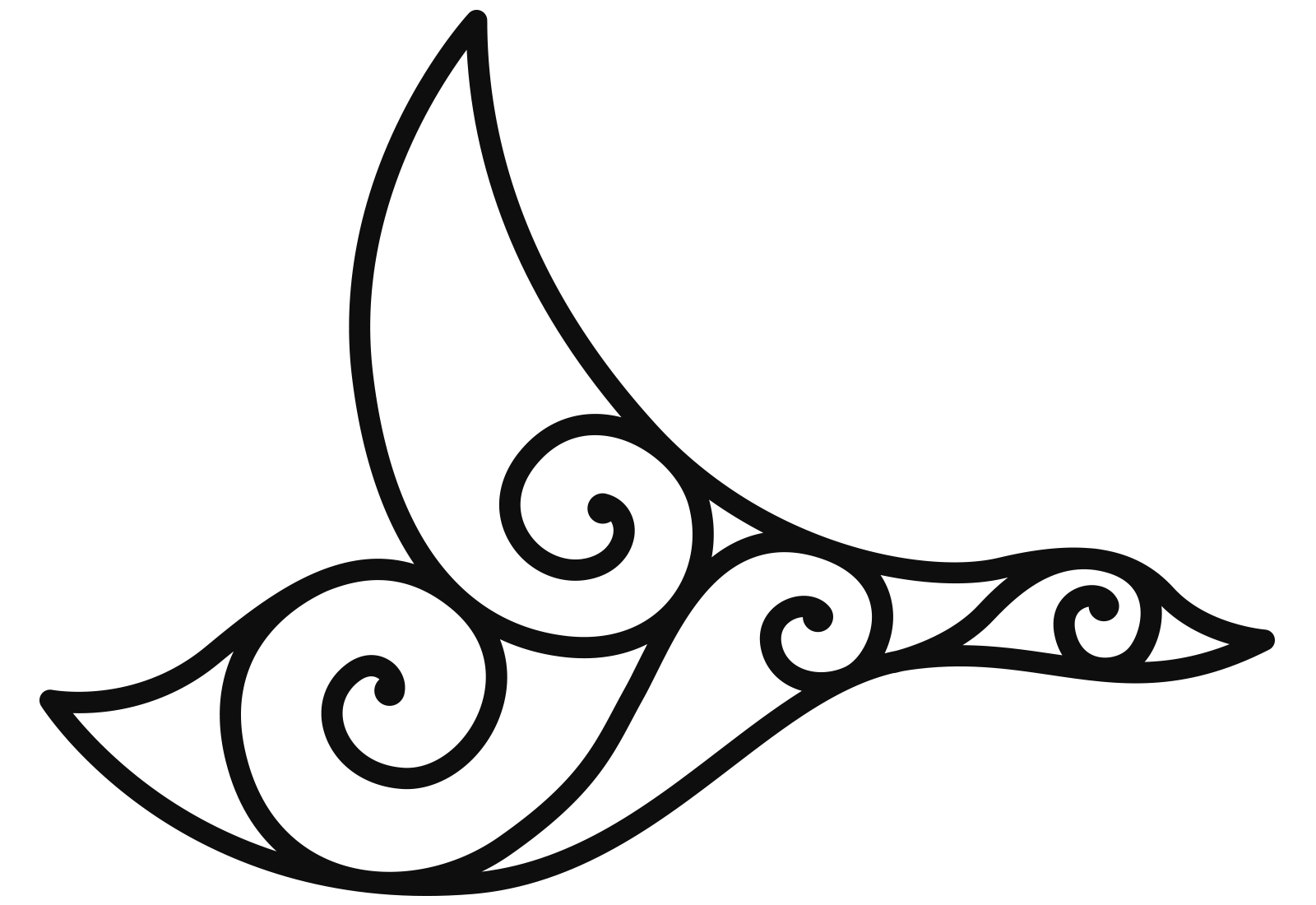 Black silhouette of a stylized butterfly with ornate spiral patterns on its wings.