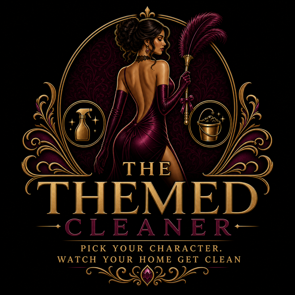 A woman in an elegant, backless burgundy gown with long matching gloves, holding a feathered duster, standing in front of a decorative gold and burgundy floral background with the text 'Themed Cleaner'.