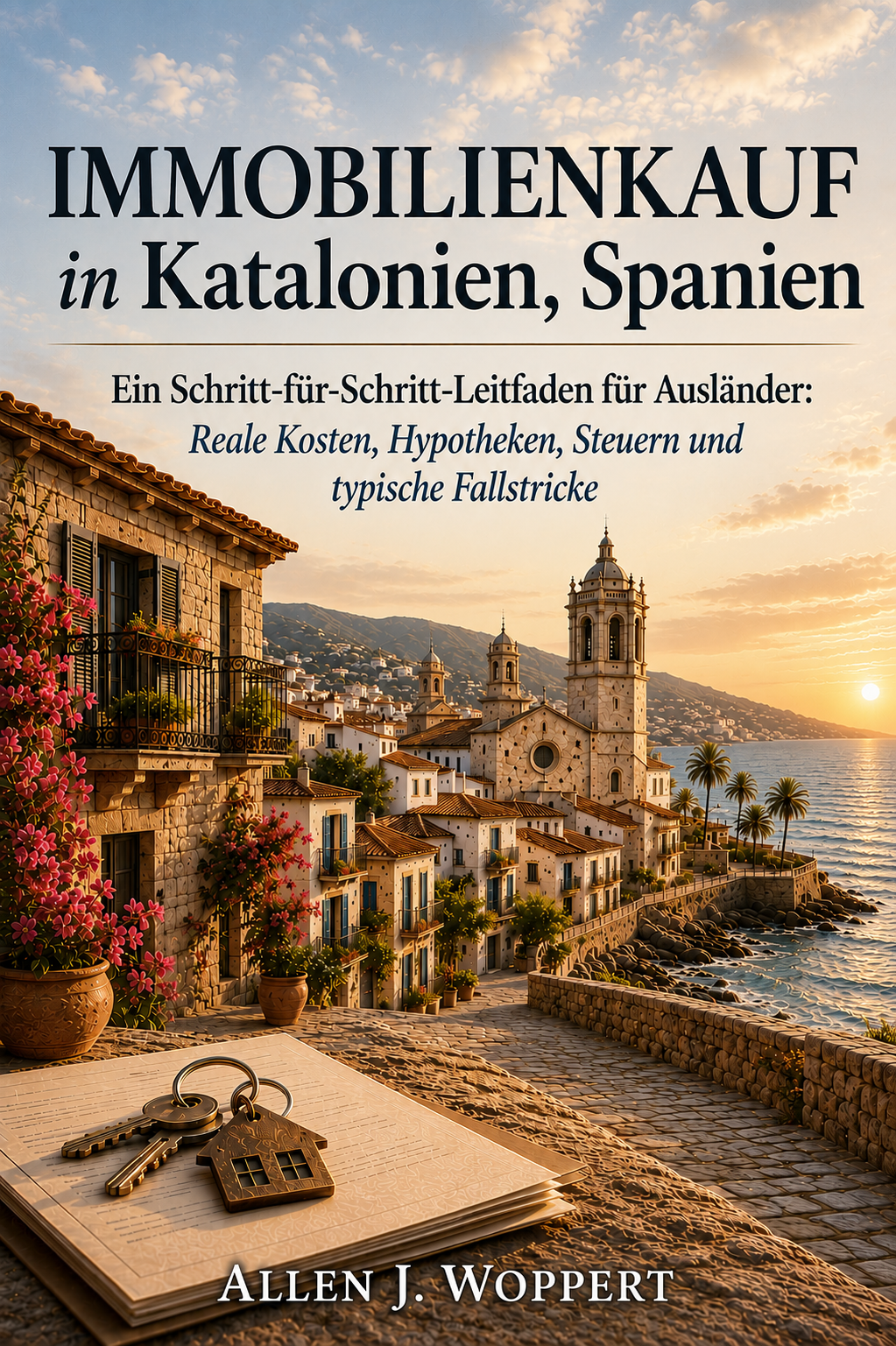 Book cover featuring a scenic view of a Mediterranean coastal town at sunset, with colorful buildings, palm trees, and church towers, along with a set of keys and a house-shaped keychain on a table.