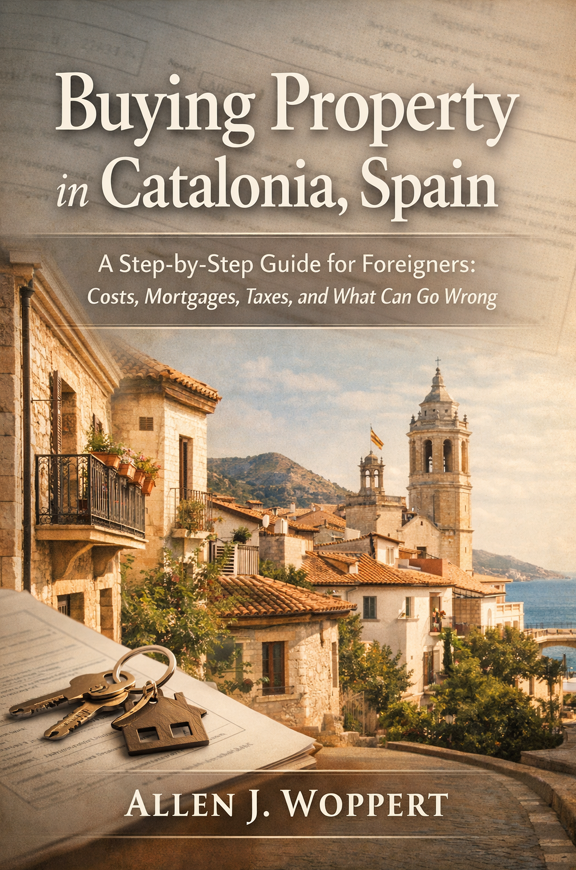 Book cover titled "Buying Property in Catalonia, Spain: A Step-by-Step Guide for Foreigners: Costs, Mortgages, Taxes, and What Can Go Wrong" with a background image of a scenic view of a village with stone buildings and bell towers overlooking the sea.