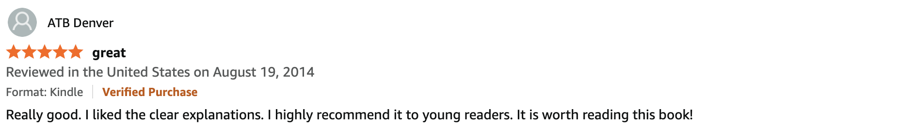 Screenshot of a five-star Amazon review for a book, dated August 19, 2014, with positive feedback from a customer named ATB Denver.