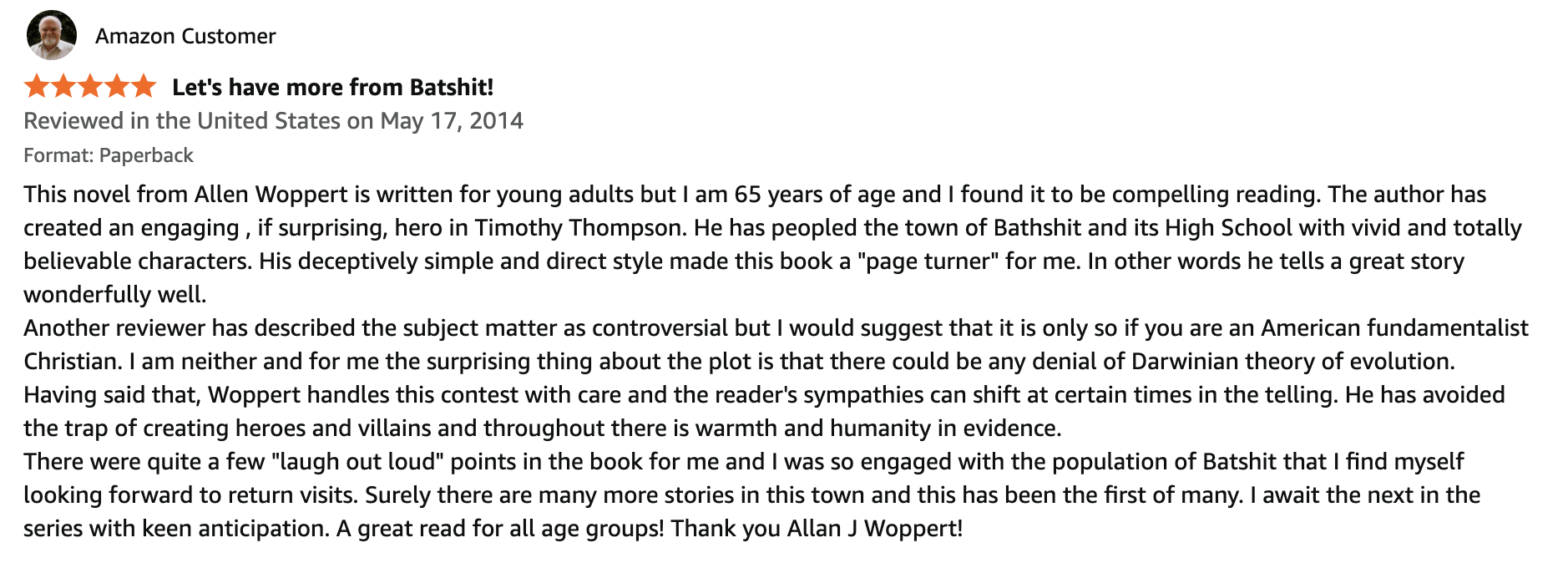 Screenshot of a positive book review discussing a novel about the town of Batshit and its high school, praising the engaging story and characters.
