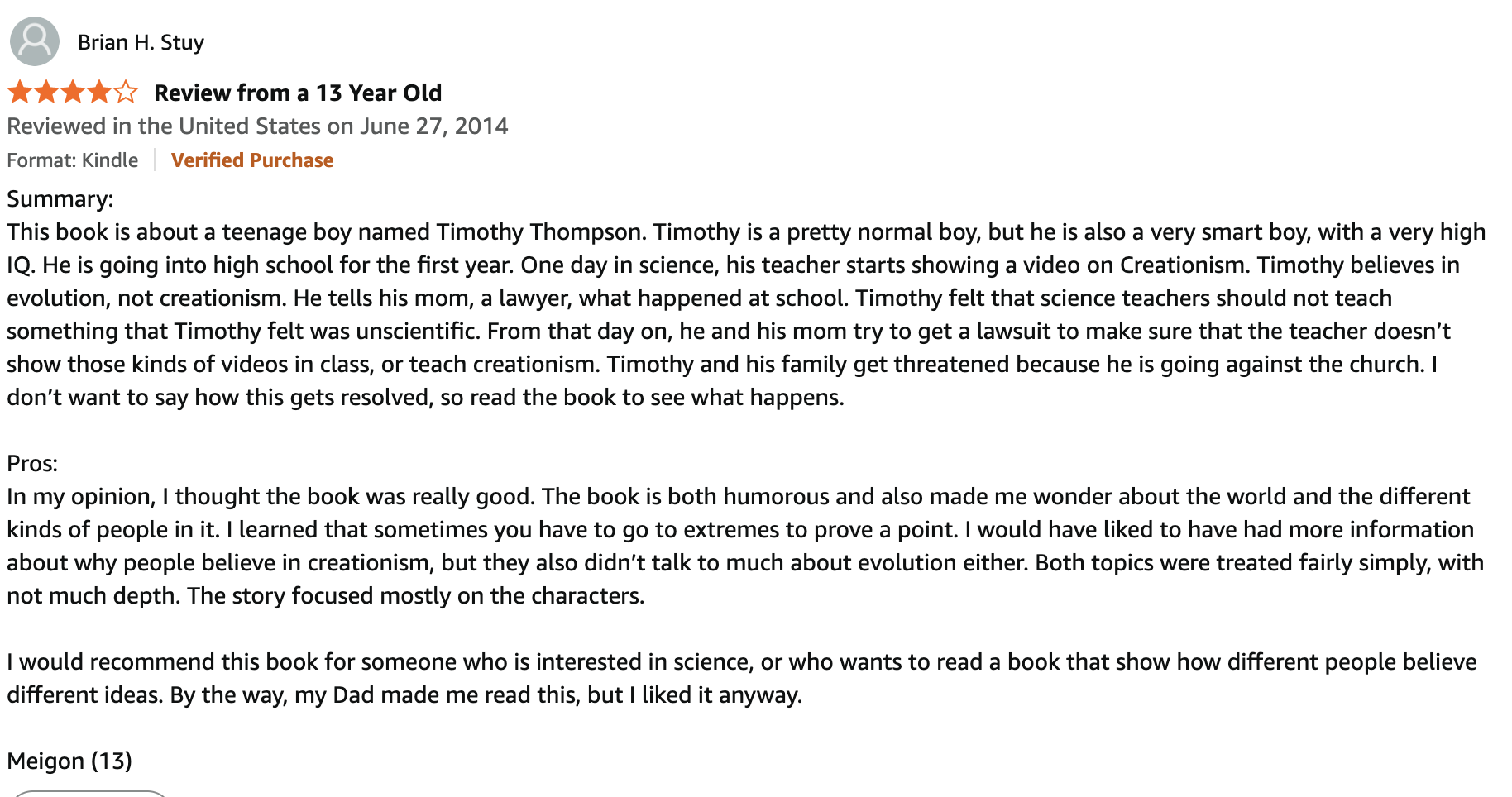 Screenshot of a Kindle book review by a 13-year-old, discussing a story about a teenage boy named Timothy Thompson, who questions evolution and creationism.