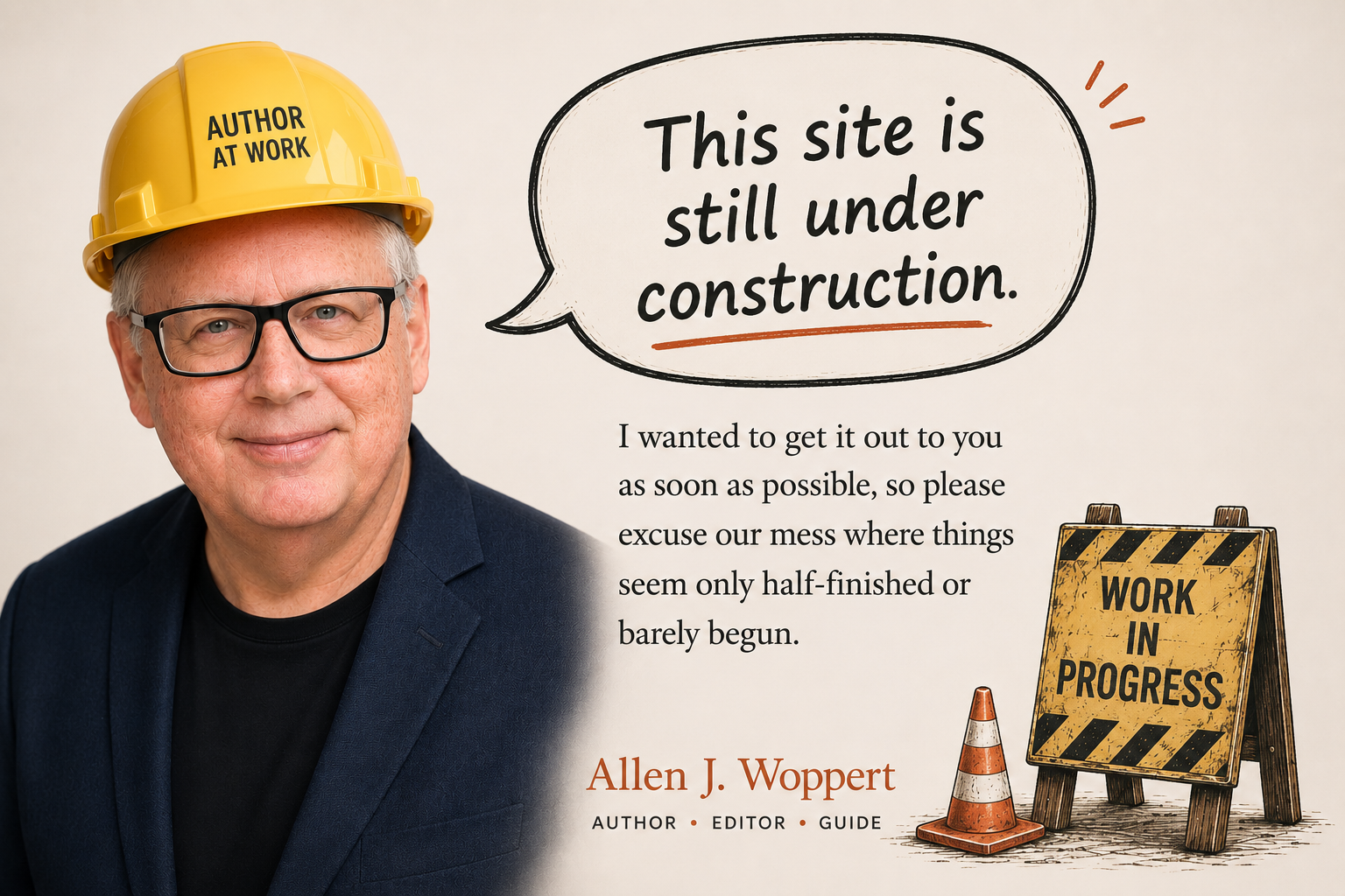 A man wearing glasses and a yellow hard hat labeled "Author at Work" stands next to a sign that reads "Work in Progress". The man is dressed in a dark blazer and black shirt, and is smiling at the camera. There is a speech bubble next to him that says "This site is still under construction." The background is plain, and the image includes a message from Allen J. Woppert, author, editor, guide.