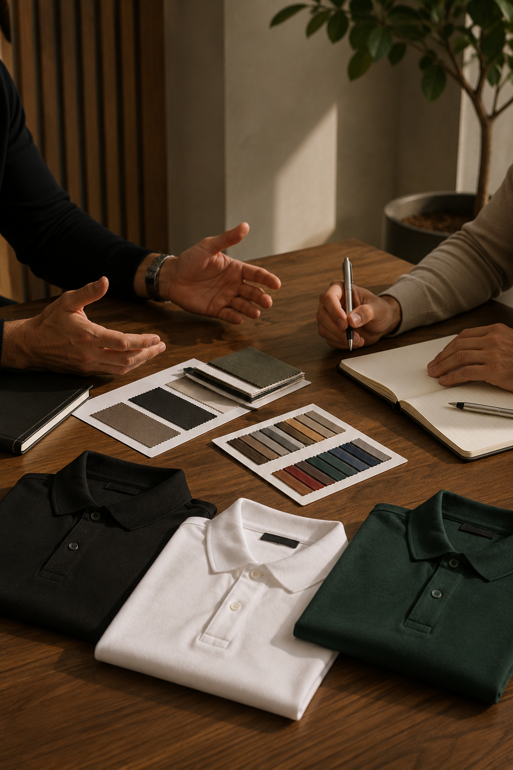Corporate Grail team planning premium custom corporate apparel with fabric samples and branded polo concepts.