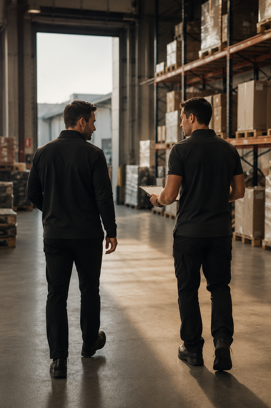 Corporate Grail representatives discussing custom corporate apparel solutions inside a professional warehouse environment.