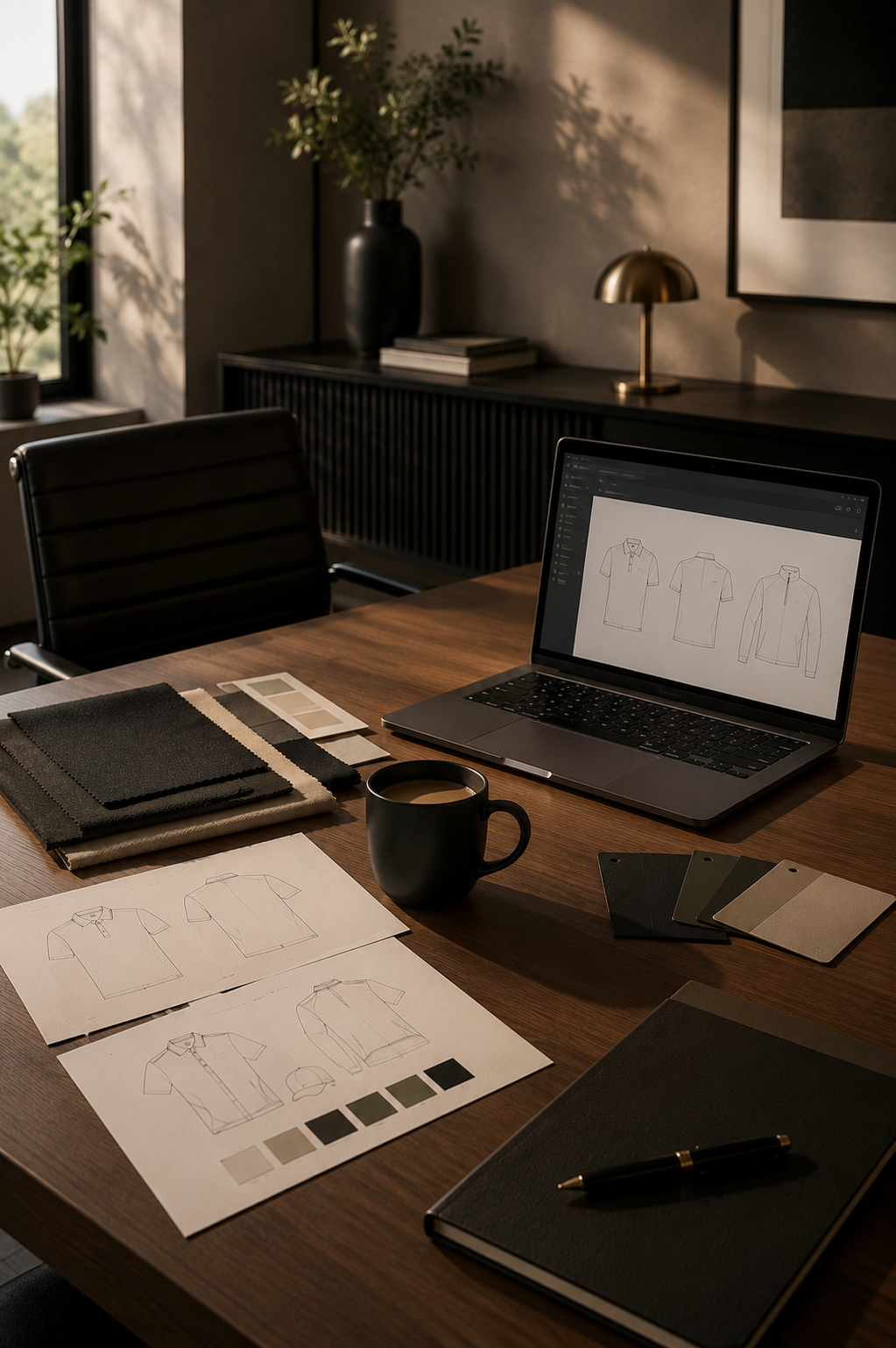 Corporate apparel design concepts, fabric swatches, and planning materials on an executive office desk.