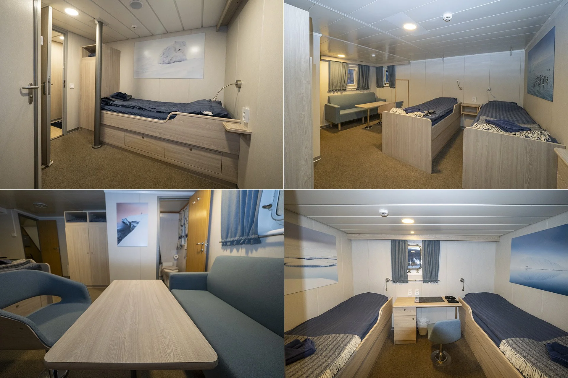 Four images of a small, minimalist single-room cabin interior. The top two images show a bedroom with a single bed, wooden furniture, and a picture of an Arctic animal on the wall. The bottom left image shows a seating area with a table, blue chairs, and a sofa. The bottom right image shows a sleeping area with two beds, small side tables, and a window with blue curtains.