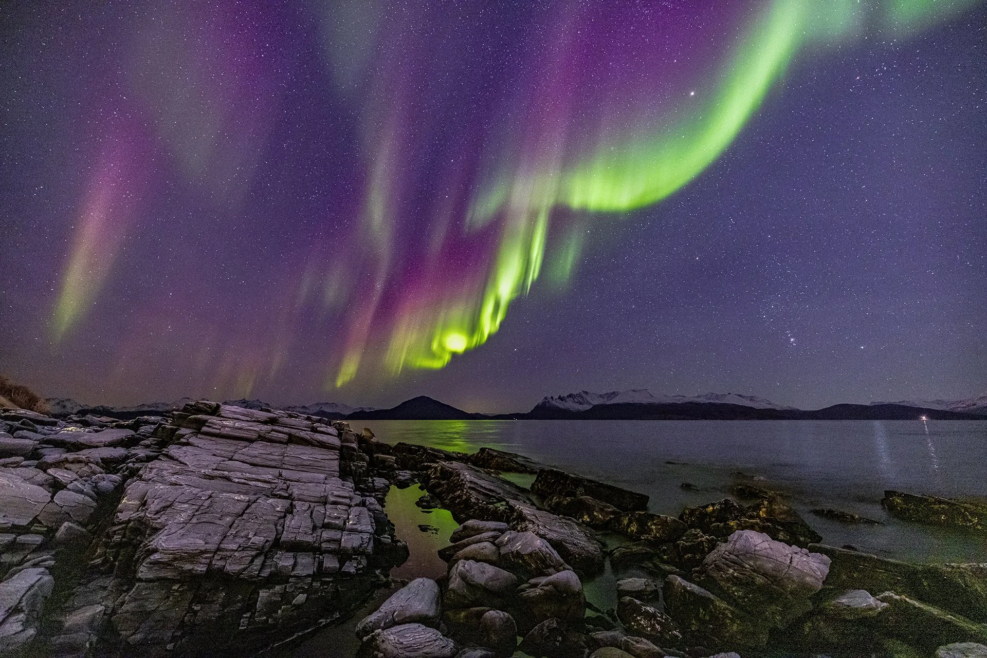 Aurora Borealis illuminating the night sky over the fjords of Northern Norway.