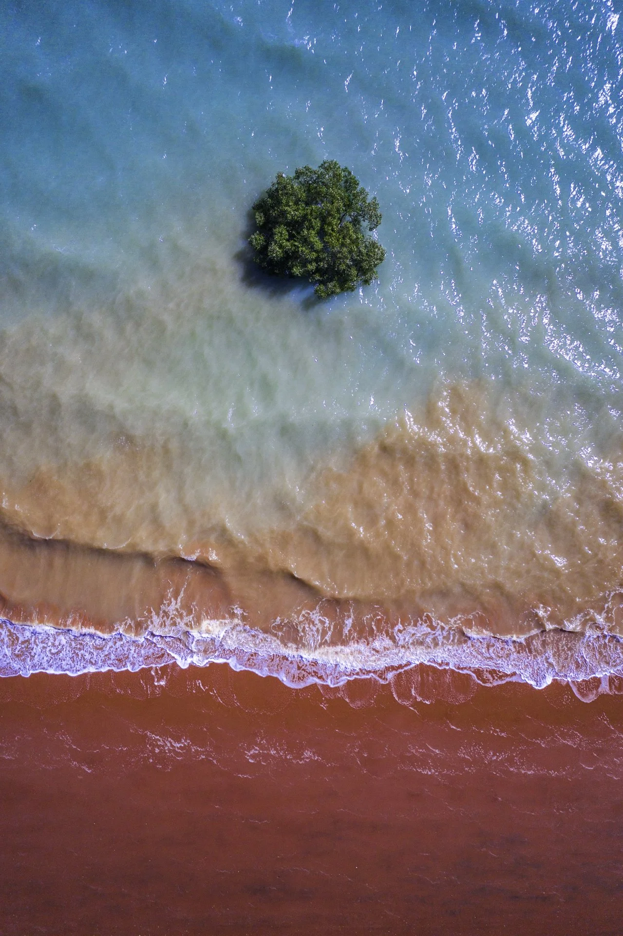 An aerial view of a small island with dense green trees in the ocean, surrounded by clear blue water and waves crashing onto a sandy shore.
