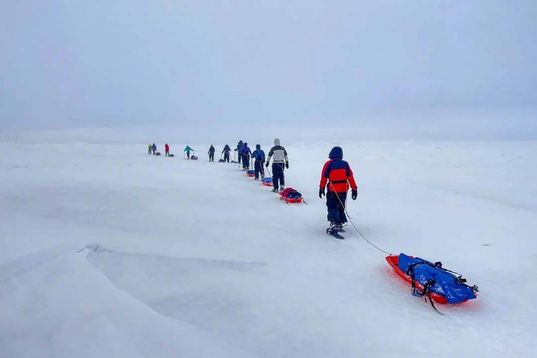 Expedition team crossing the Antarctic ice sheet towards an emperor penguin colony.