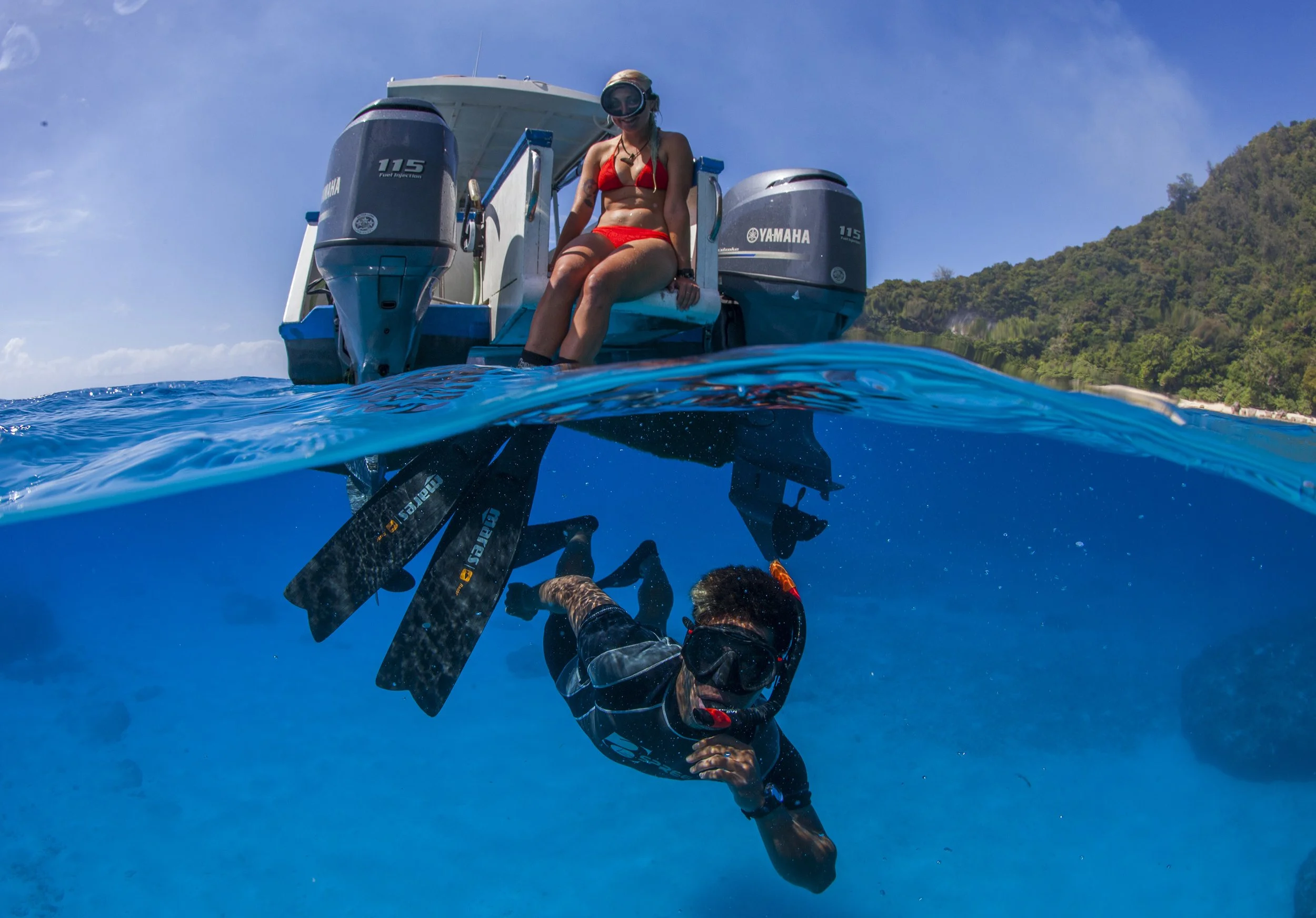 Snorkeller preparing to swim with humpback whales during a Tonga wildlife photography expedition.