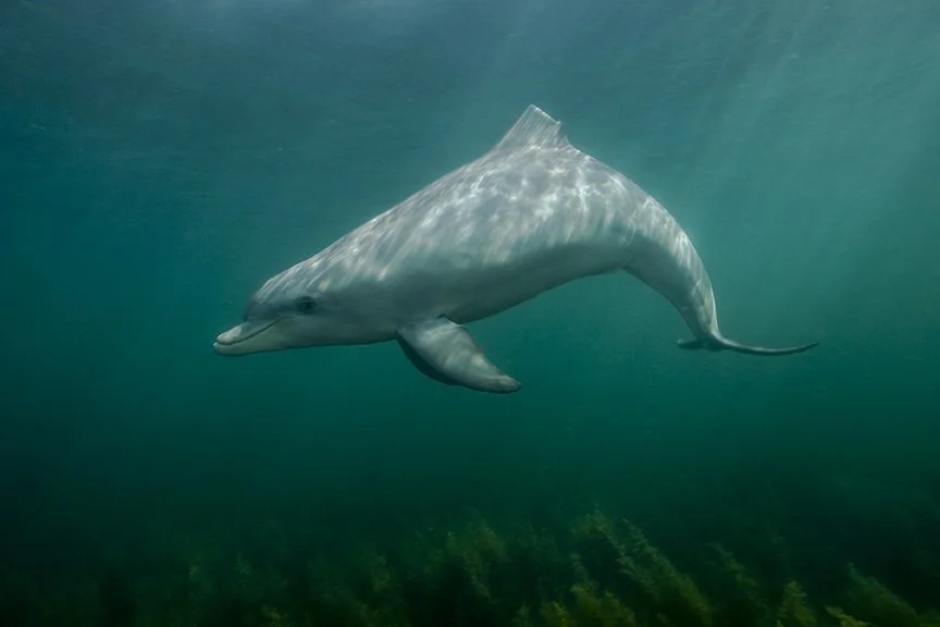 A dolphin swimming underwater near green seaweed.