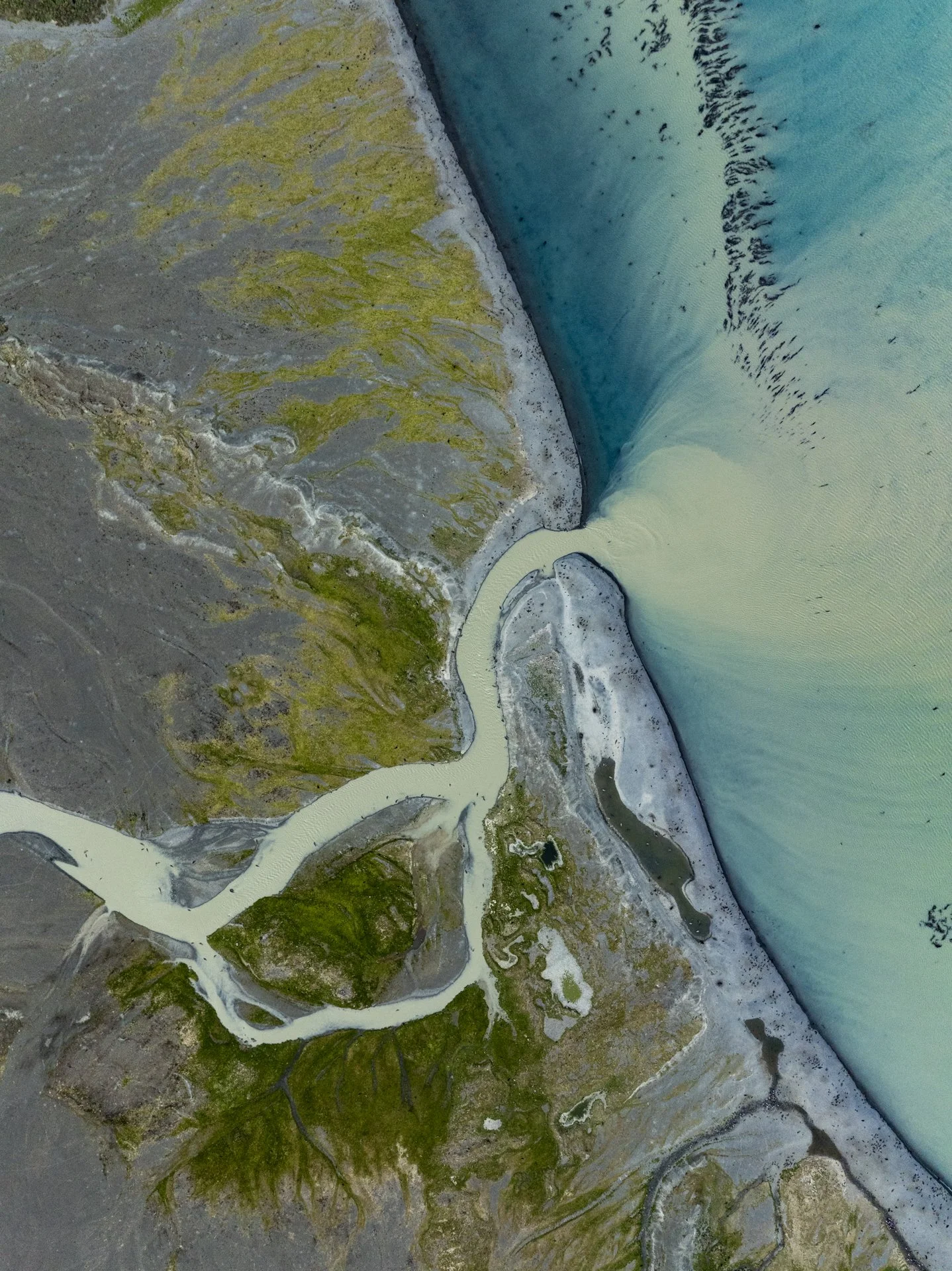 An aerial view of a river delta with winding water channels, adjacent land with patches of green vegetation, and a large body of water on the right side.